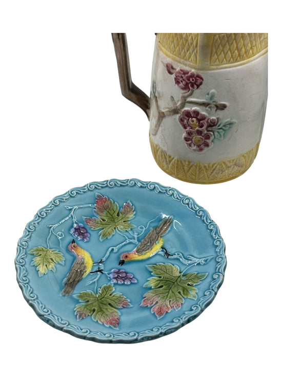 Antique Majolica "Bird & Vine" Turquoise Plate