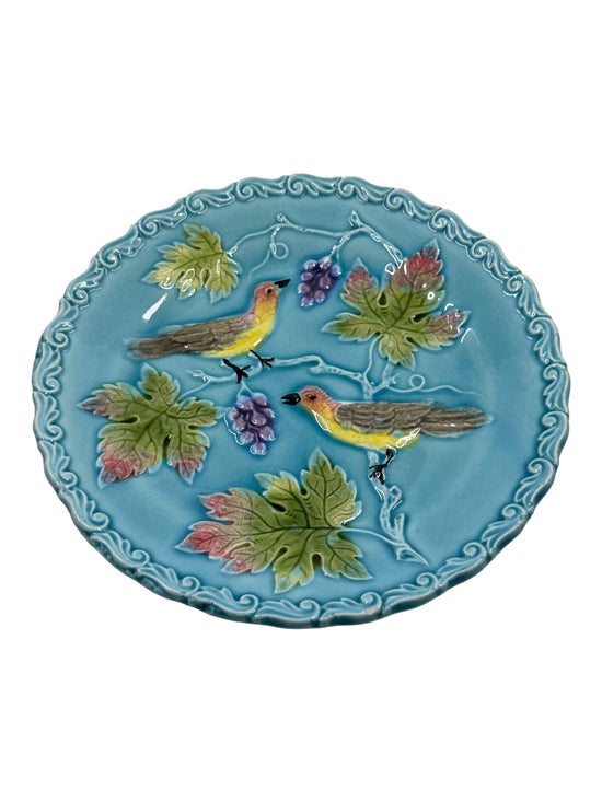 Antique Majolica "Bird & Vine" Turquoise Plate