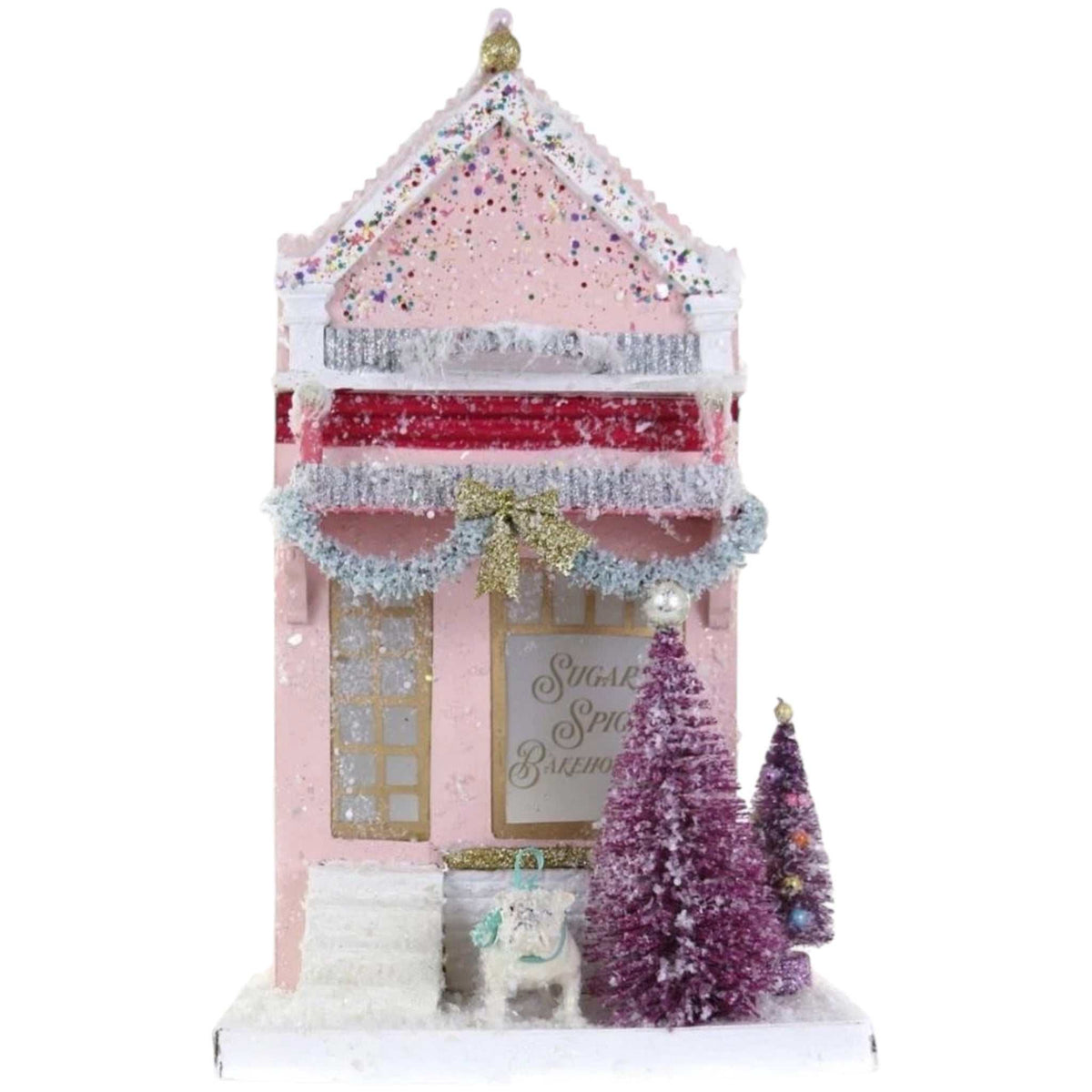 Sugar & Spice Bake House festive pink holiday house with cupcake and bulldog decoration