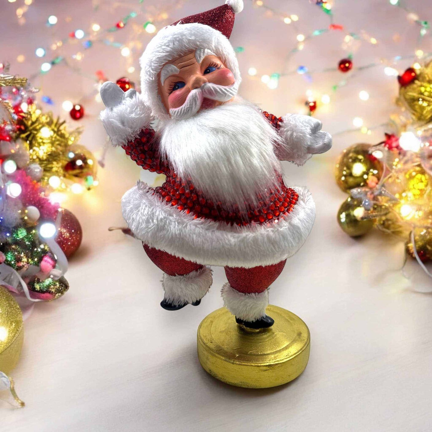 Jeweled Dancing Santa 12-inch resin figure with red rhinestones and glitter on gold base, festive holiday decor