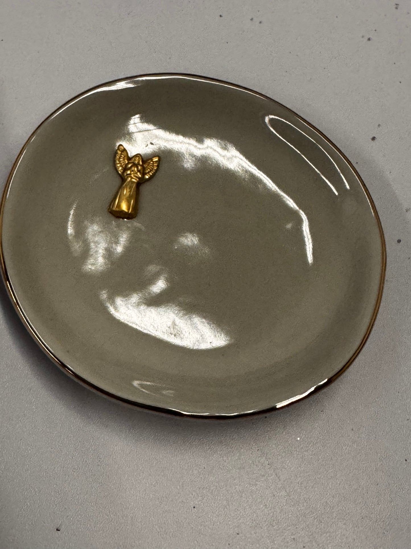 Christmas Round Gold Accent Dish: Grey with Angel - Curated Home Decor