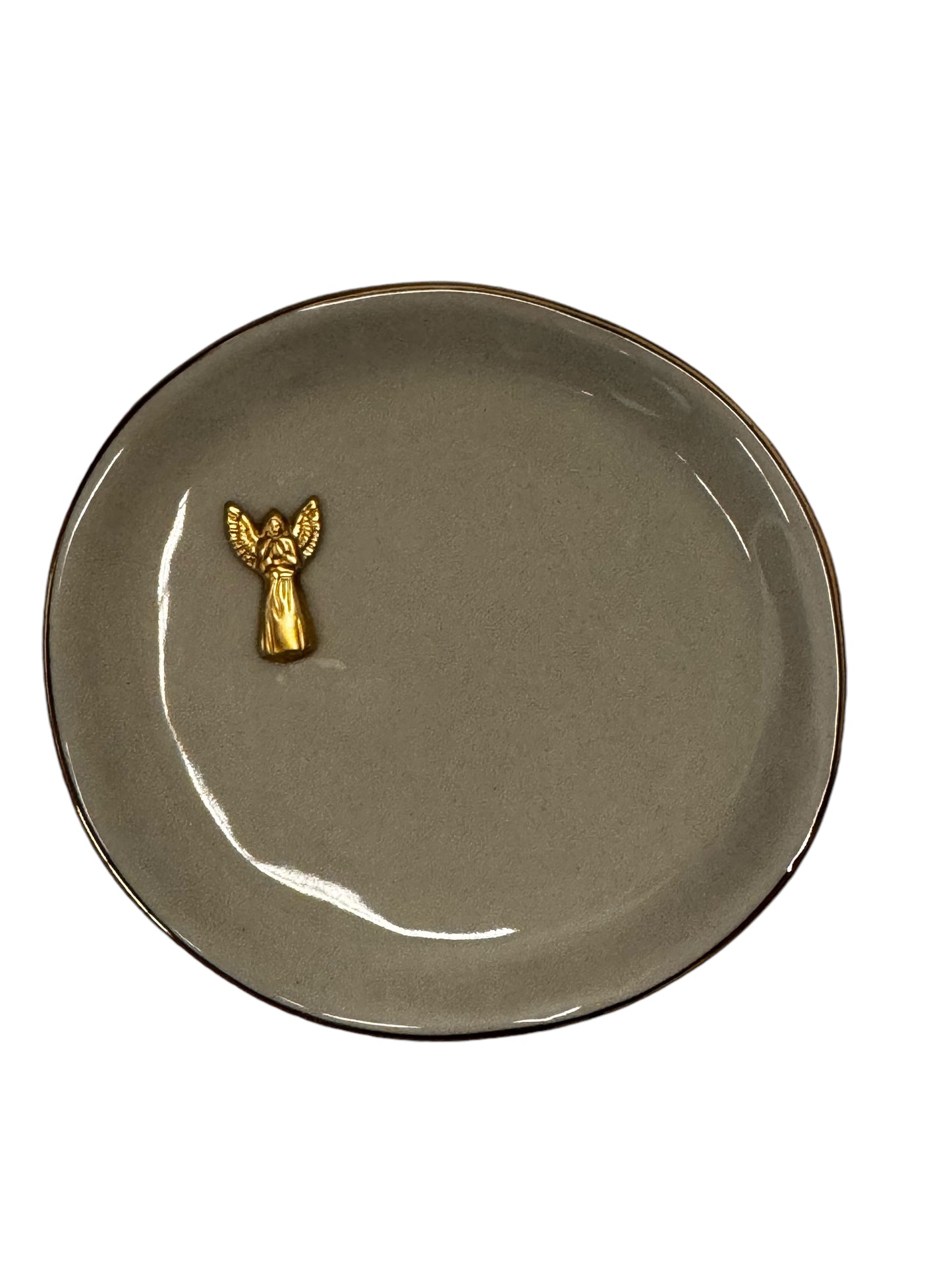 Christmas Round Gold Accent Dish: Grey with Angel - Curated Home Decor