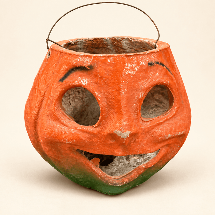 Vintage Paper Mache Jack-o'-Lantern with Wire Handle