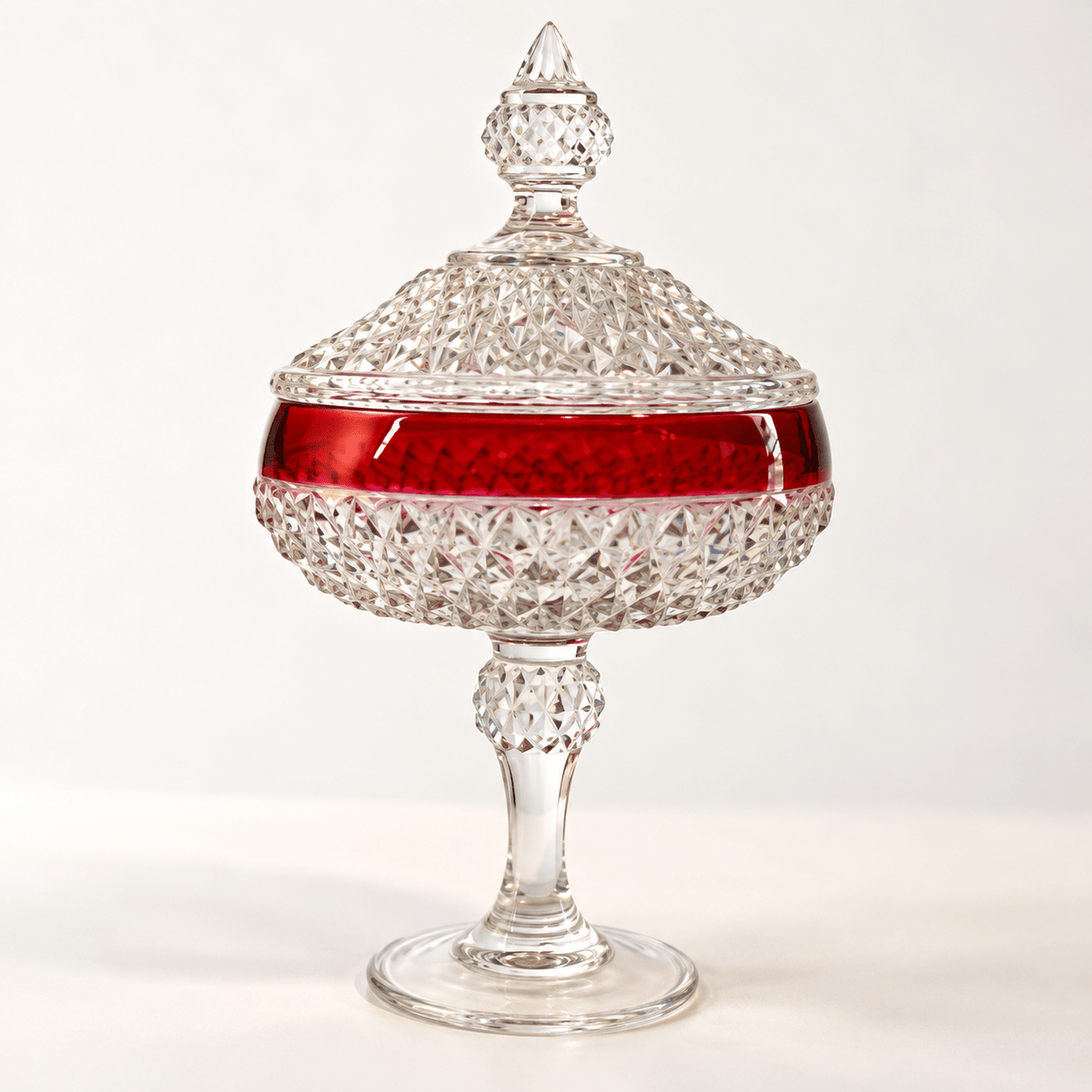 Vintage Indiana Glass Diamond Point Ruby Band Pedestal Compote with Lid - Curated Home Decor