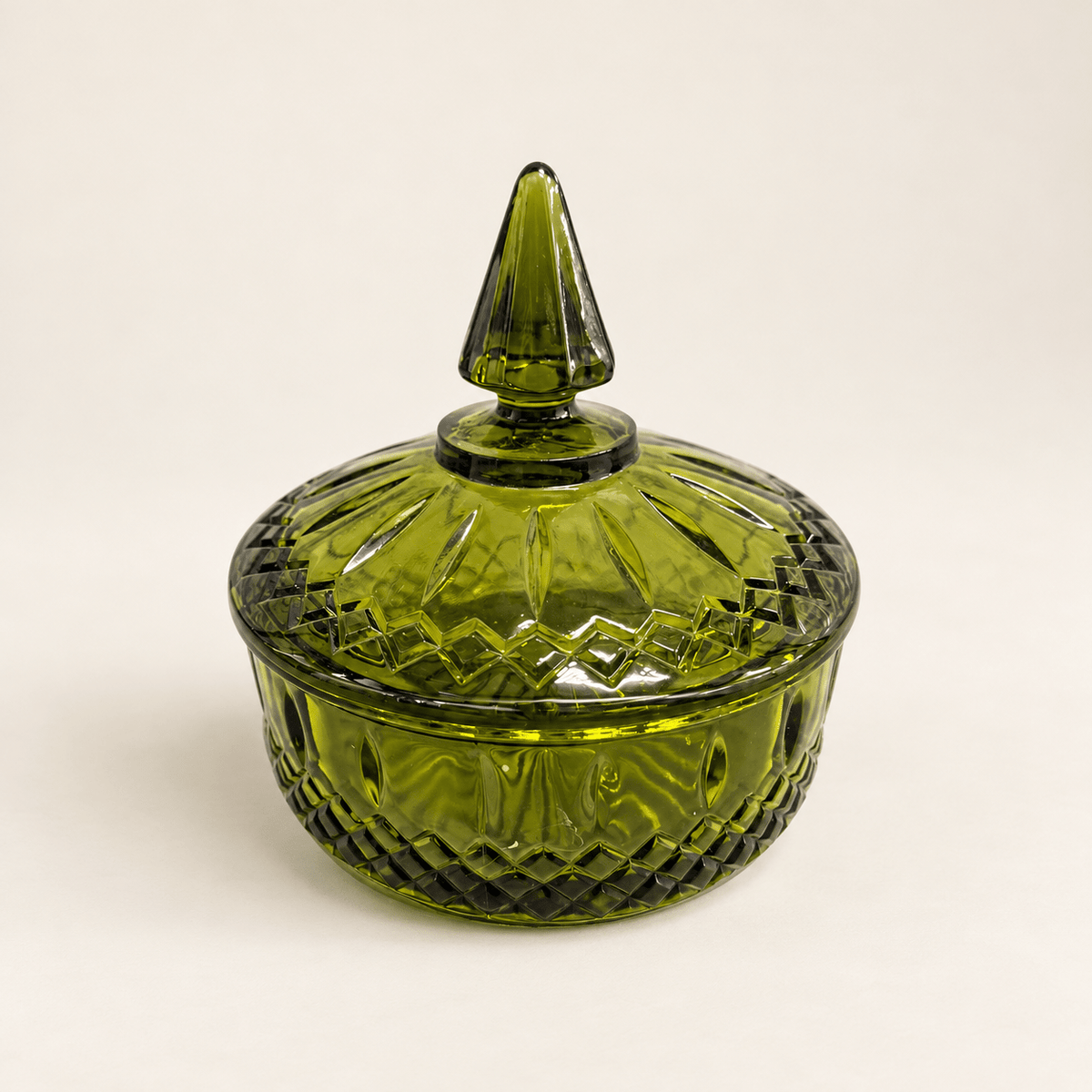 Vintage Indiana Glass Princess Candy Dish with Lid — Olive Green - Curated Home Decor