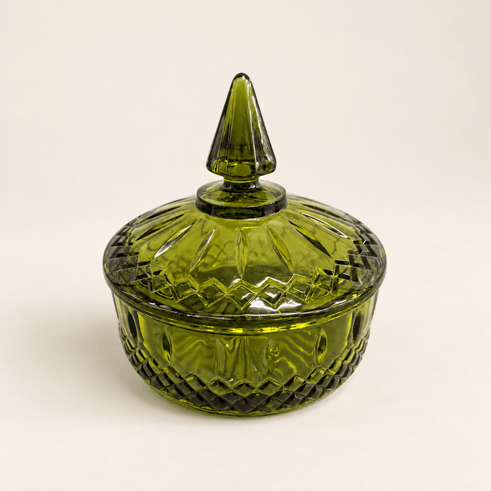 Vintage Indiana Glass Princess Candy Dish with Lid — Olive Green
