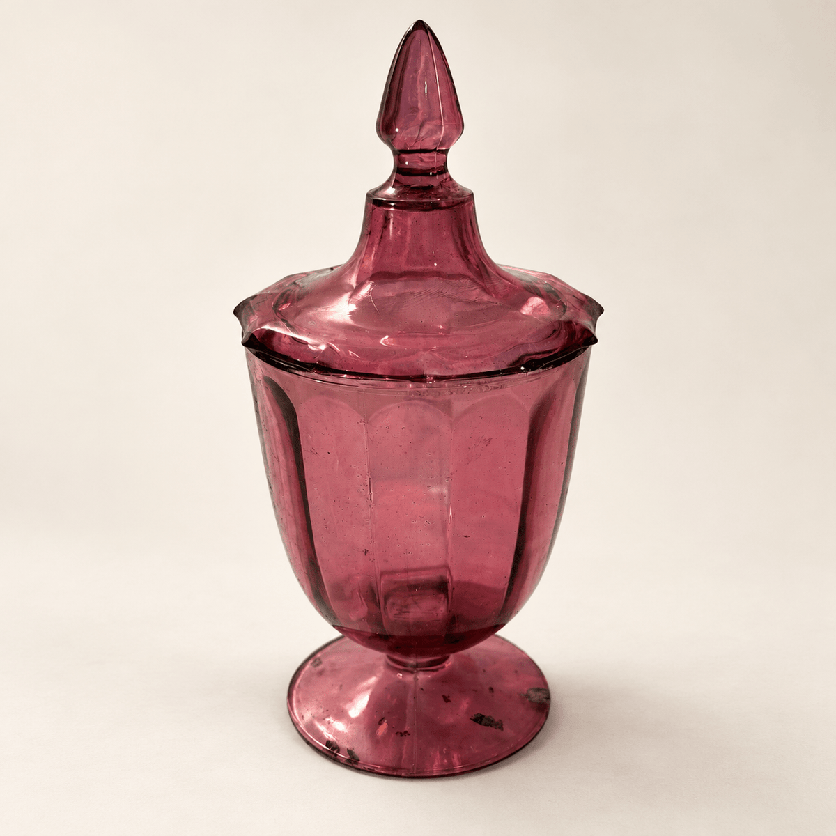 Vintage Ruby Red Paneled Glass Pedestal Jar with Spire Lid - Curated Home Decor