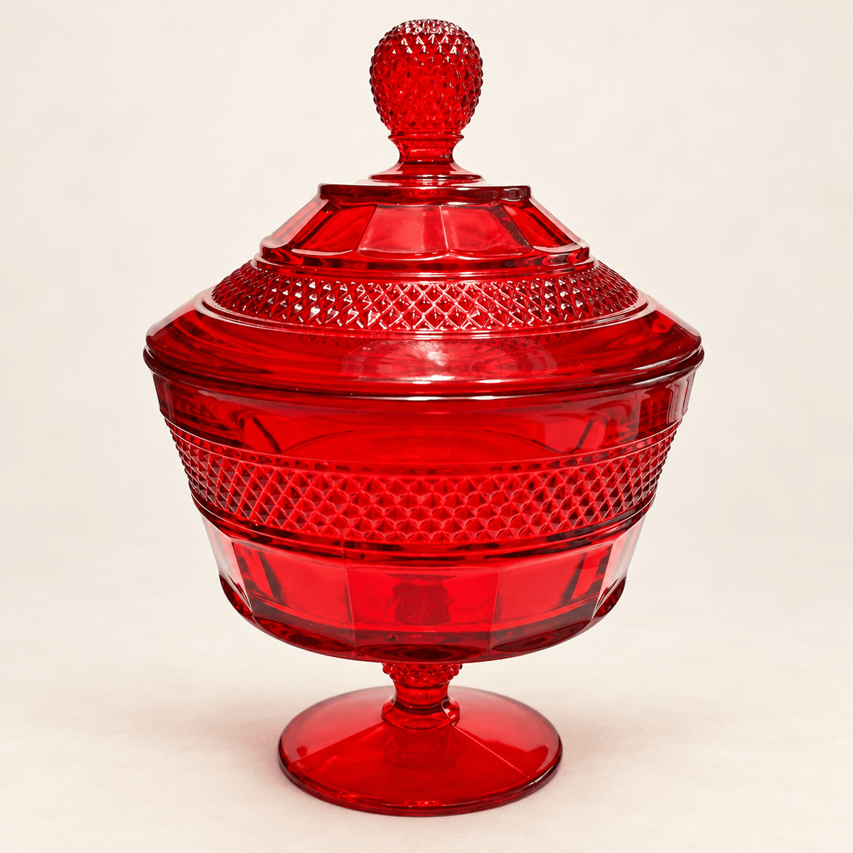 Vintage Mt. Vernon Ruby Red Glass Footed Candy Bowl with Lid - Curated Home Decor