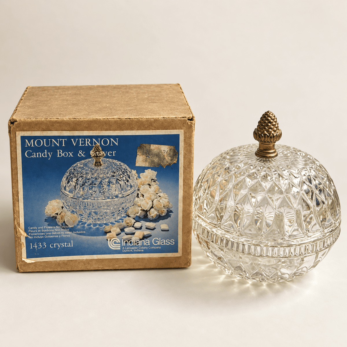 Vintage Clear Indiana Glass Mount Vernon Candy Box with Pineapple Brass Finial - Curated Home Decor