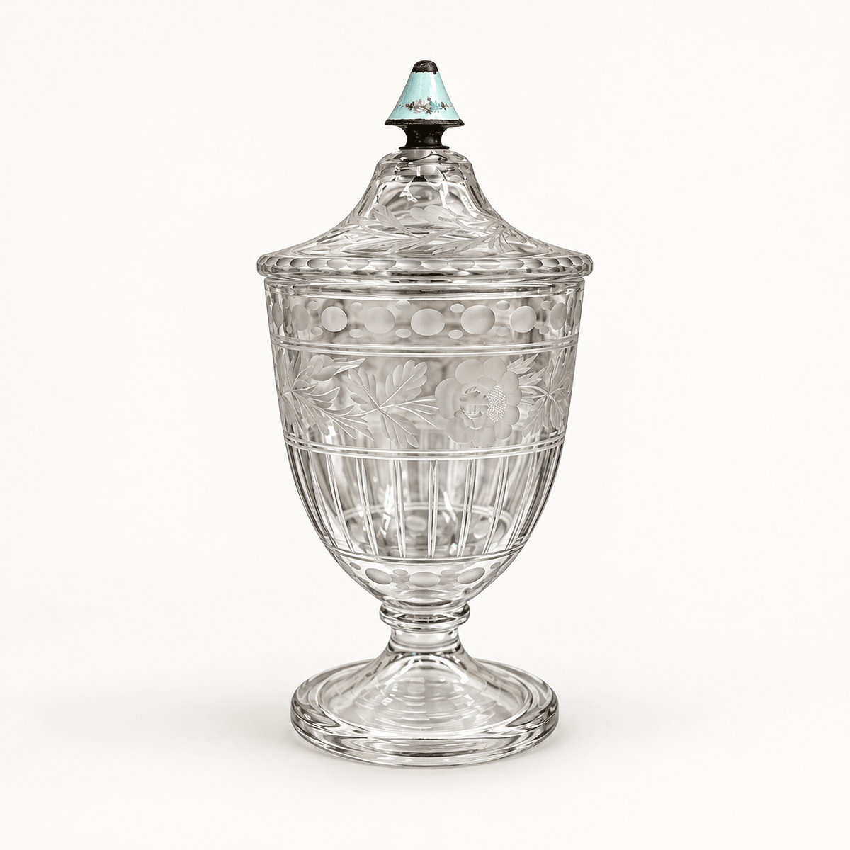 Vintage Etched Glass Footed Covered Jar with Enamel Finial - Curated Home Decor