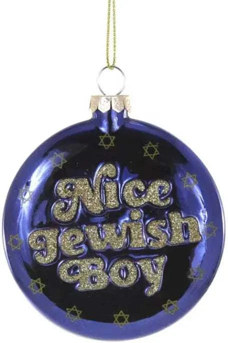 Nice Jewish Boy Ornament blue glass holiday decoration with gold glitter text and Star of David accents