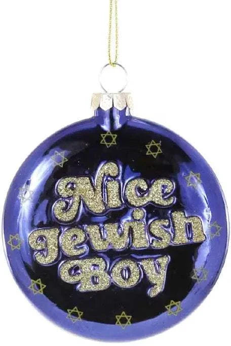 Nice Jewish Boy Ornament blue glass ball with gold glitter lettering and Star of David decorations
