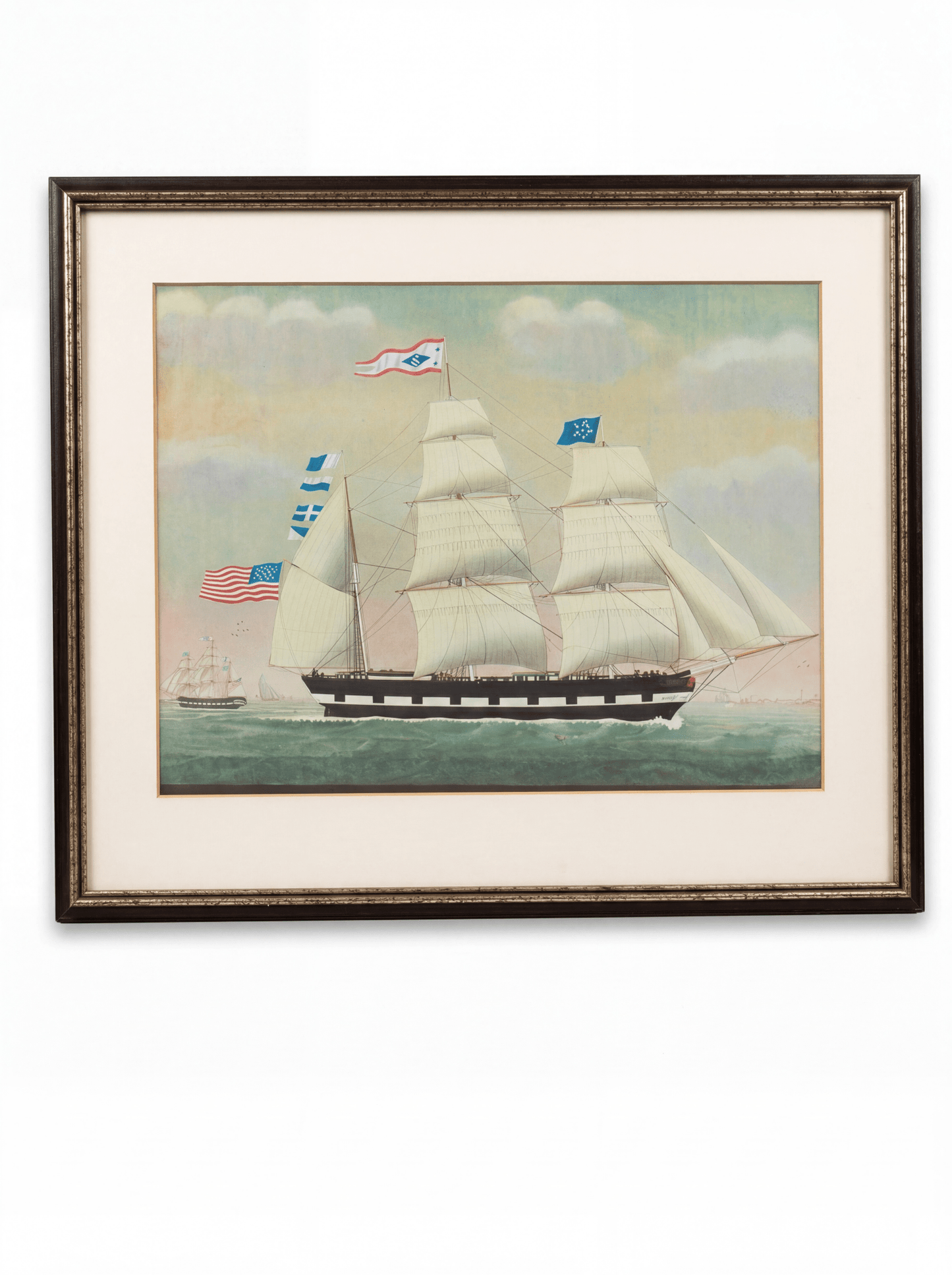 Antique American Clipper Ship Watercolor — Framed Maritime Wall Art - Curated Home Decor
