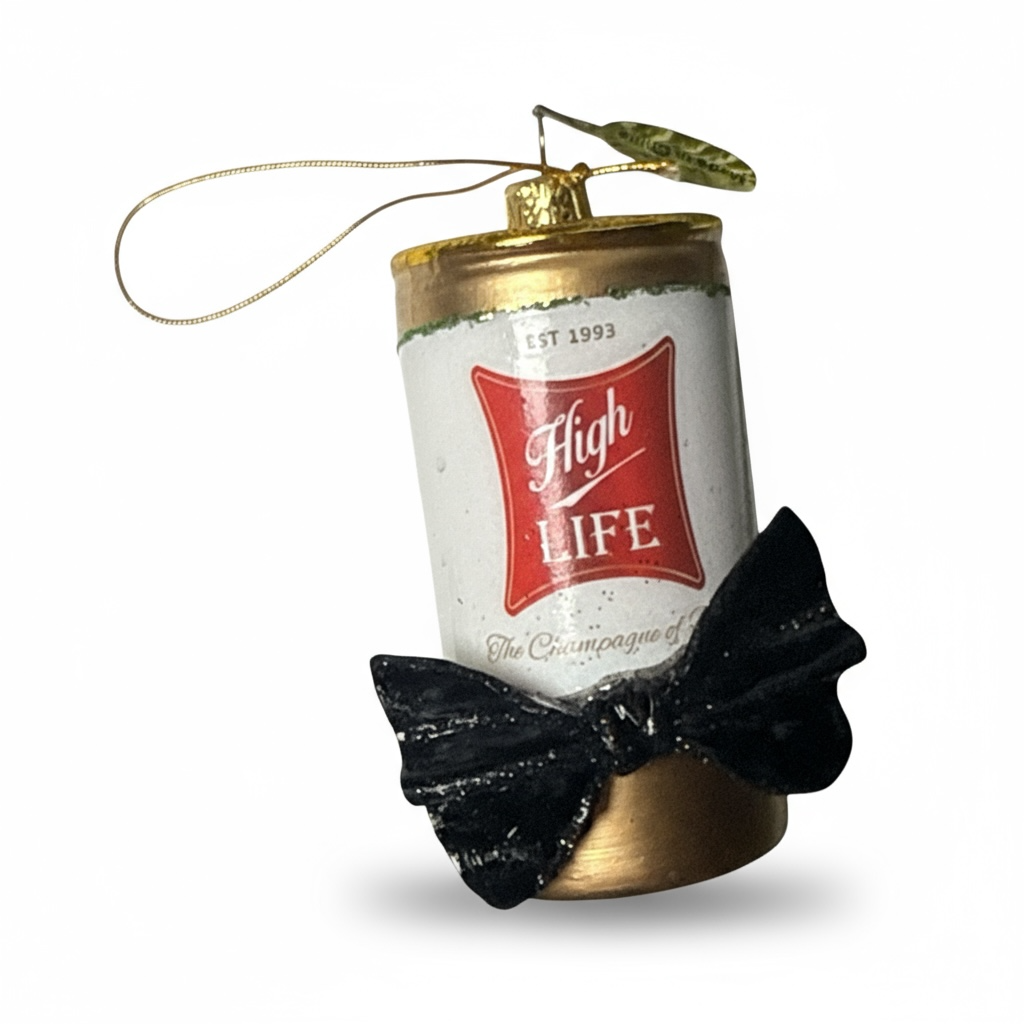 High Life Beer Ornament with black bow tie holiday decoration by Cody Foster & Co.