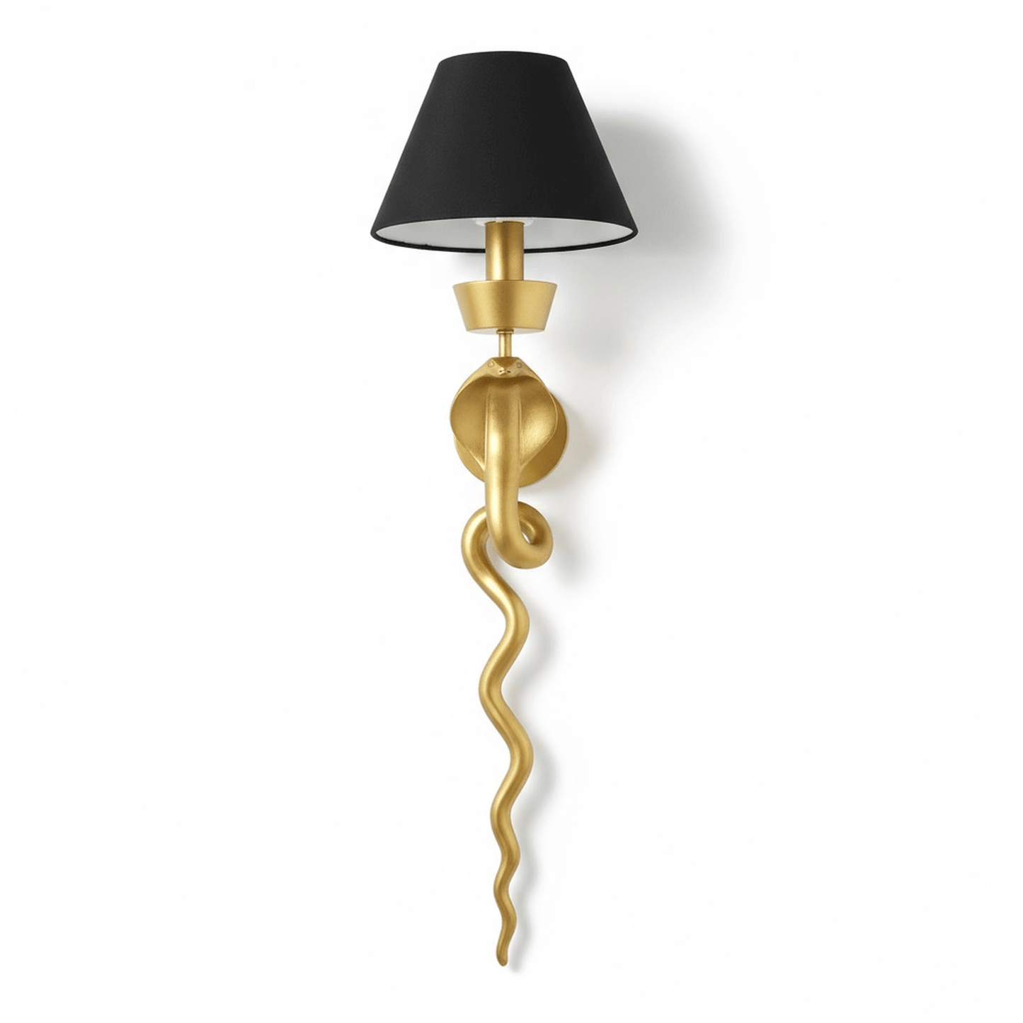 Gold serpent snake sconce wall light with black linen shade and gold-toned finish for modern decor