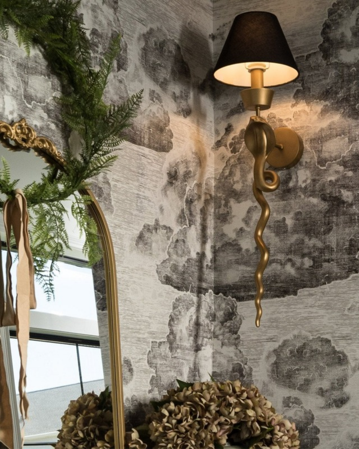 The Snake Sconce – antique gold wall light with black linen shade, Curated Home Decor