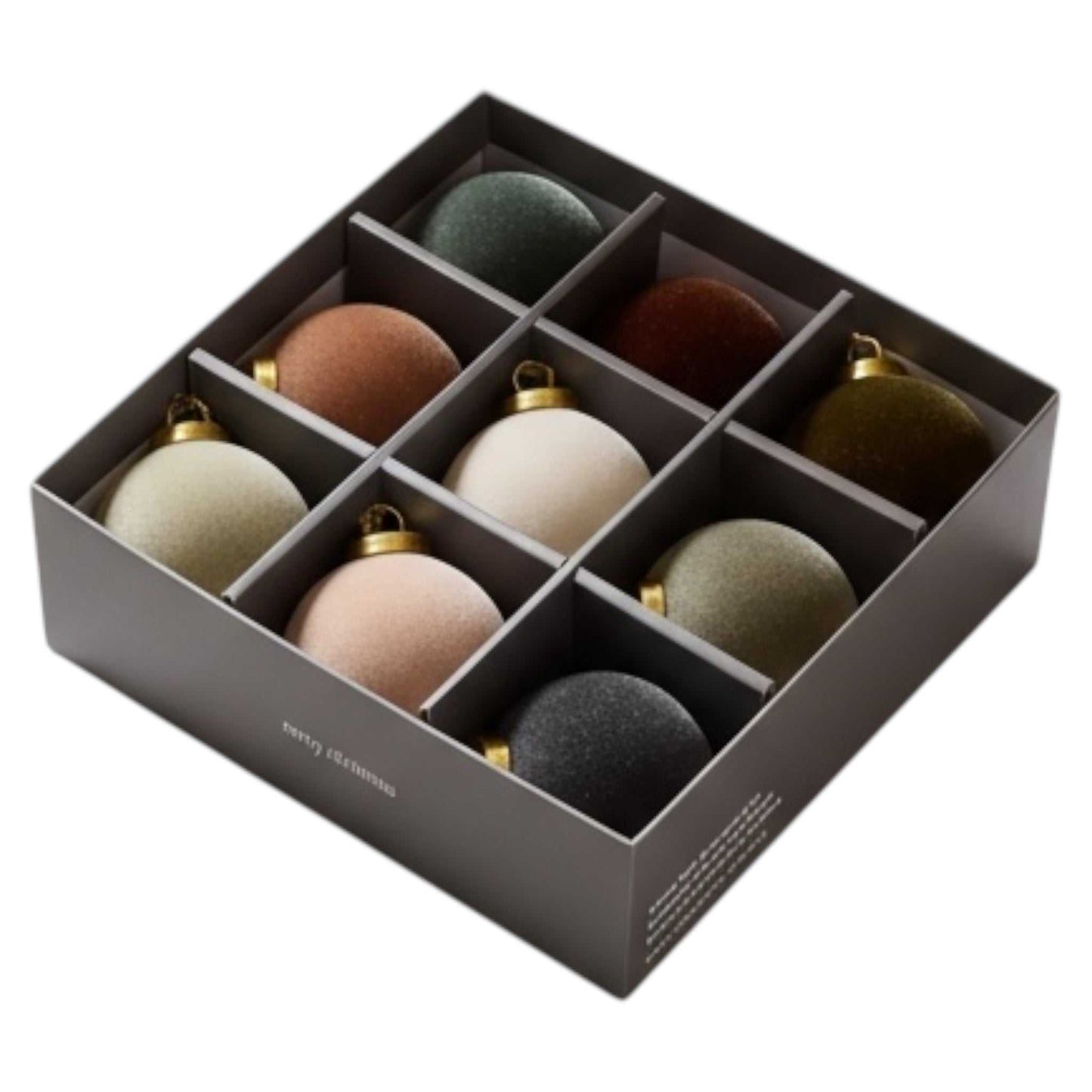 Set of 9 velvet matte Christmas ornaments in neutral tones with gold caps in a storage box
