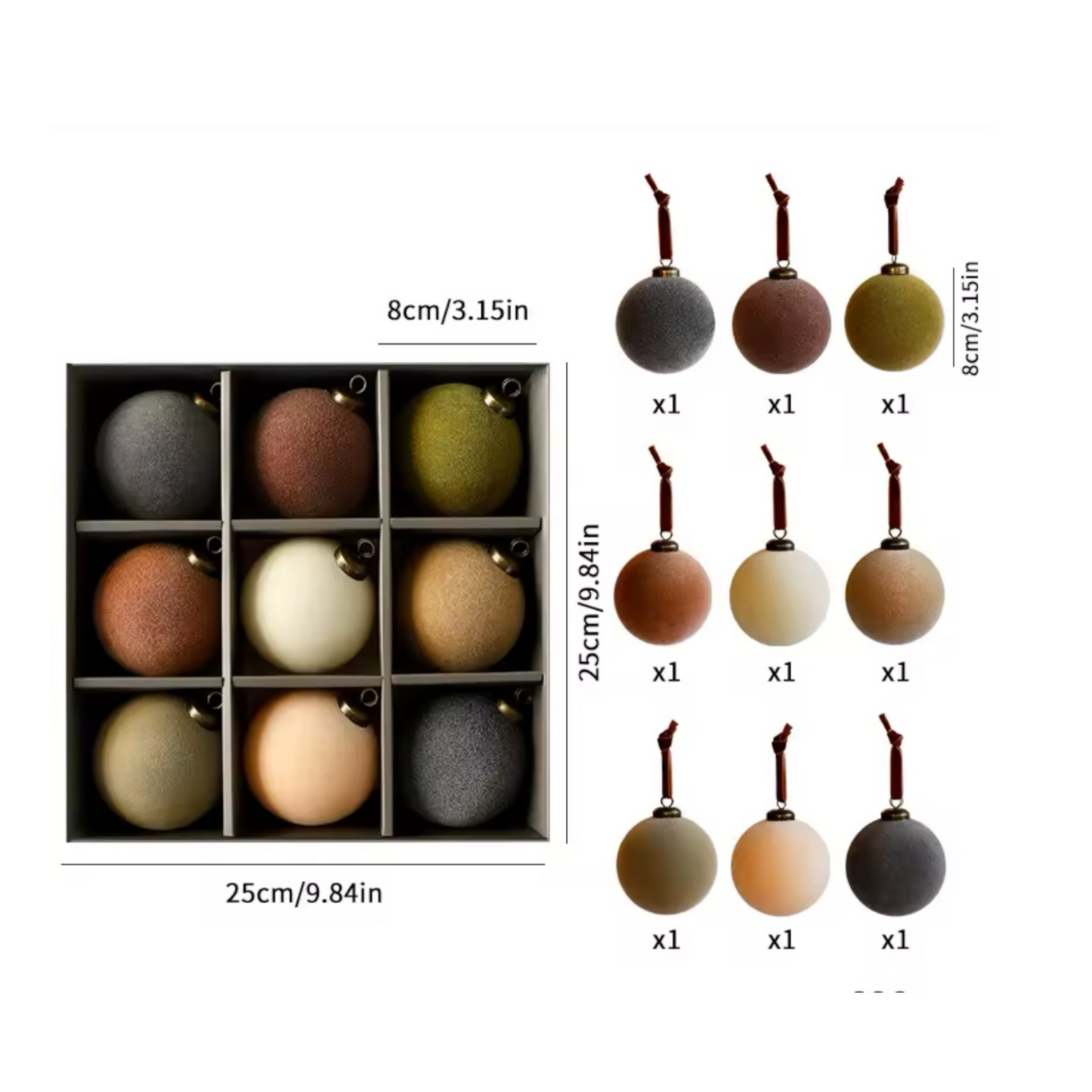 Set of 6 velvet matte Christmas ornaments in neutral tones with gold caps, 3-inch diameter, lightweight and shatter-resistant holiday baubles