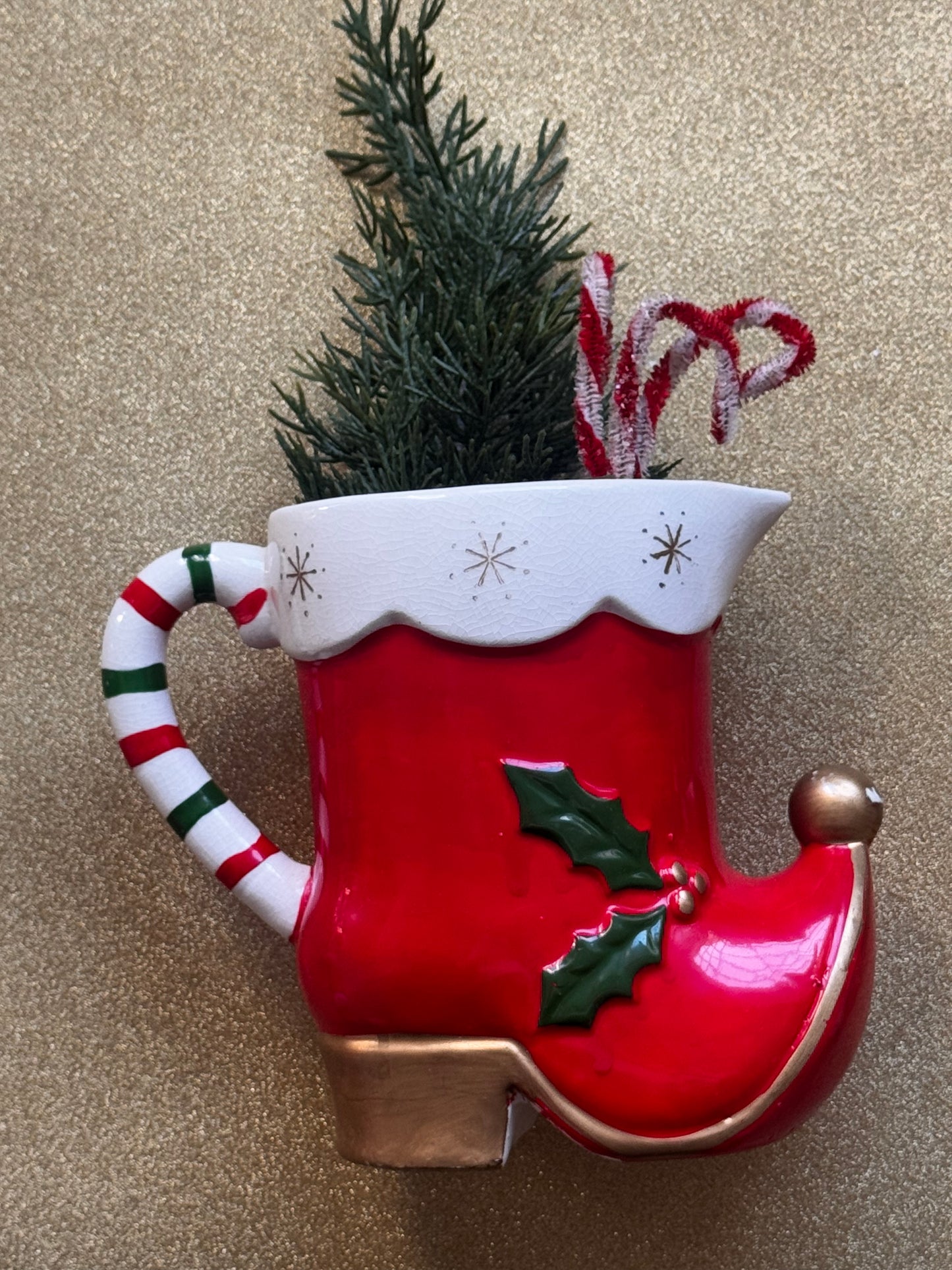 Vintage Candy Cane Napco Pixie Boot Planter - Curated Home Decor