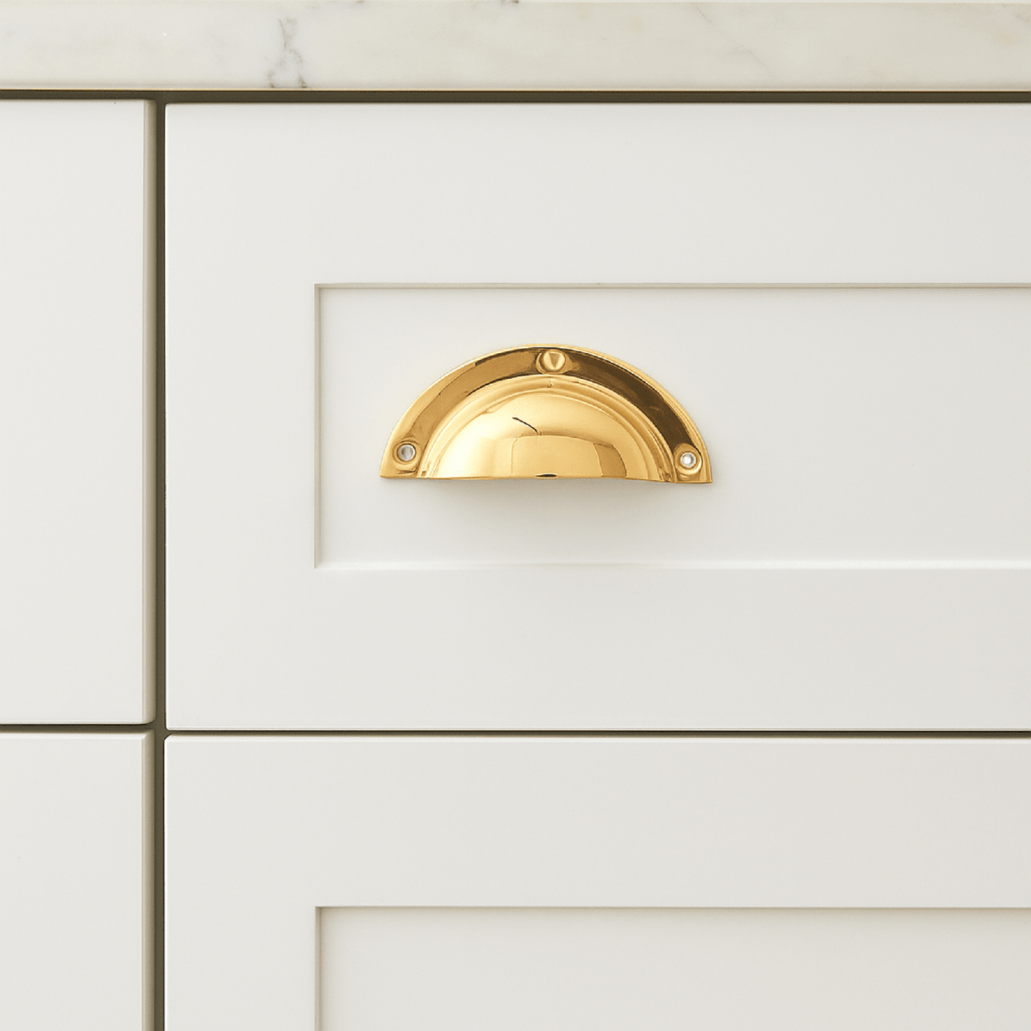 Solid unlacquered brass drawer pull with scalloped and cupped designs in multiple sizes for vintage cabinetry upgrade