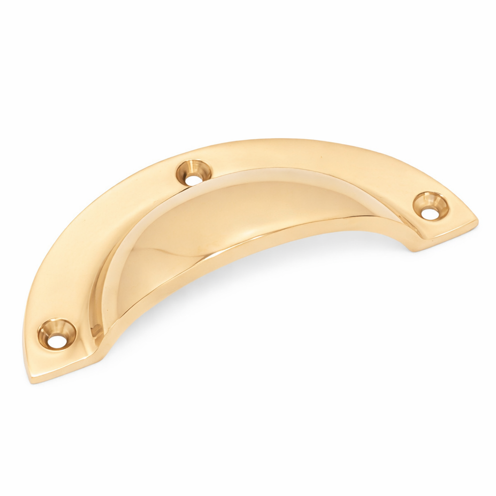 Solid brass drawer pull with polished brass finish and 96mm spacing for cabinets and drawers