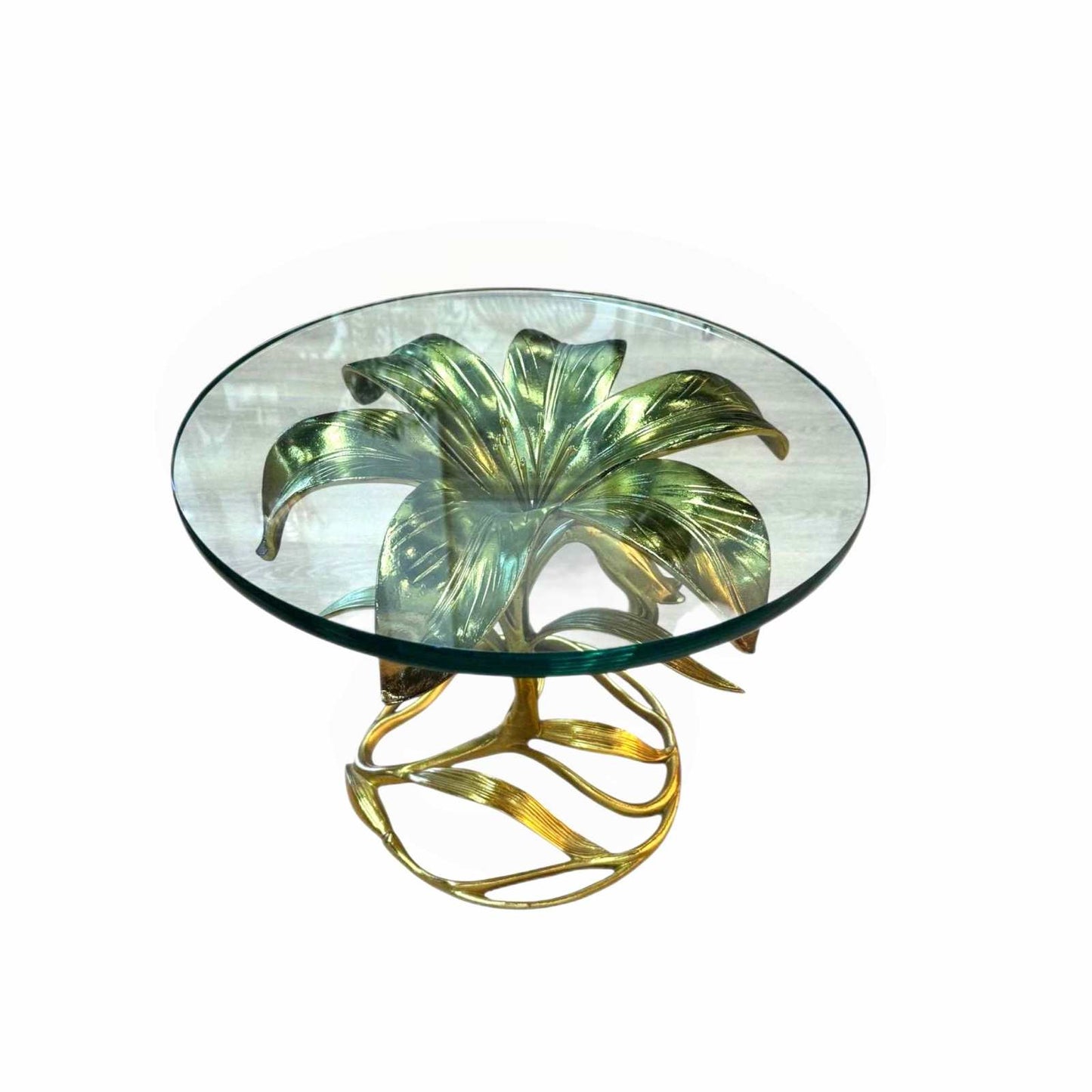 Hollywood Regency vintage side table with gilded lily leaf metal base and round glass top