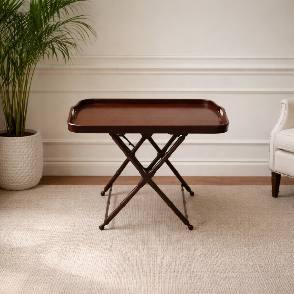 Vintage Drexel tray table with faux bamboo legs and removable tray top, restored Hollywood Regency side table