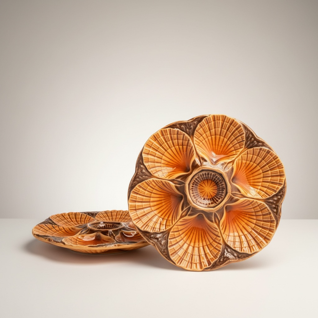 Set of two vintage majolica oyster plates with amber shell design and radiating wells
