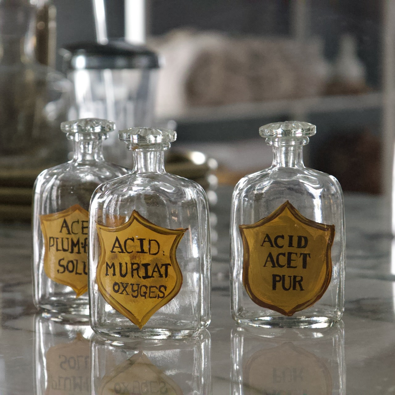 Set of 3 Vintage-Style Apothecary Clear Glass Bottles – Hand-Painted with Glass Stoppers