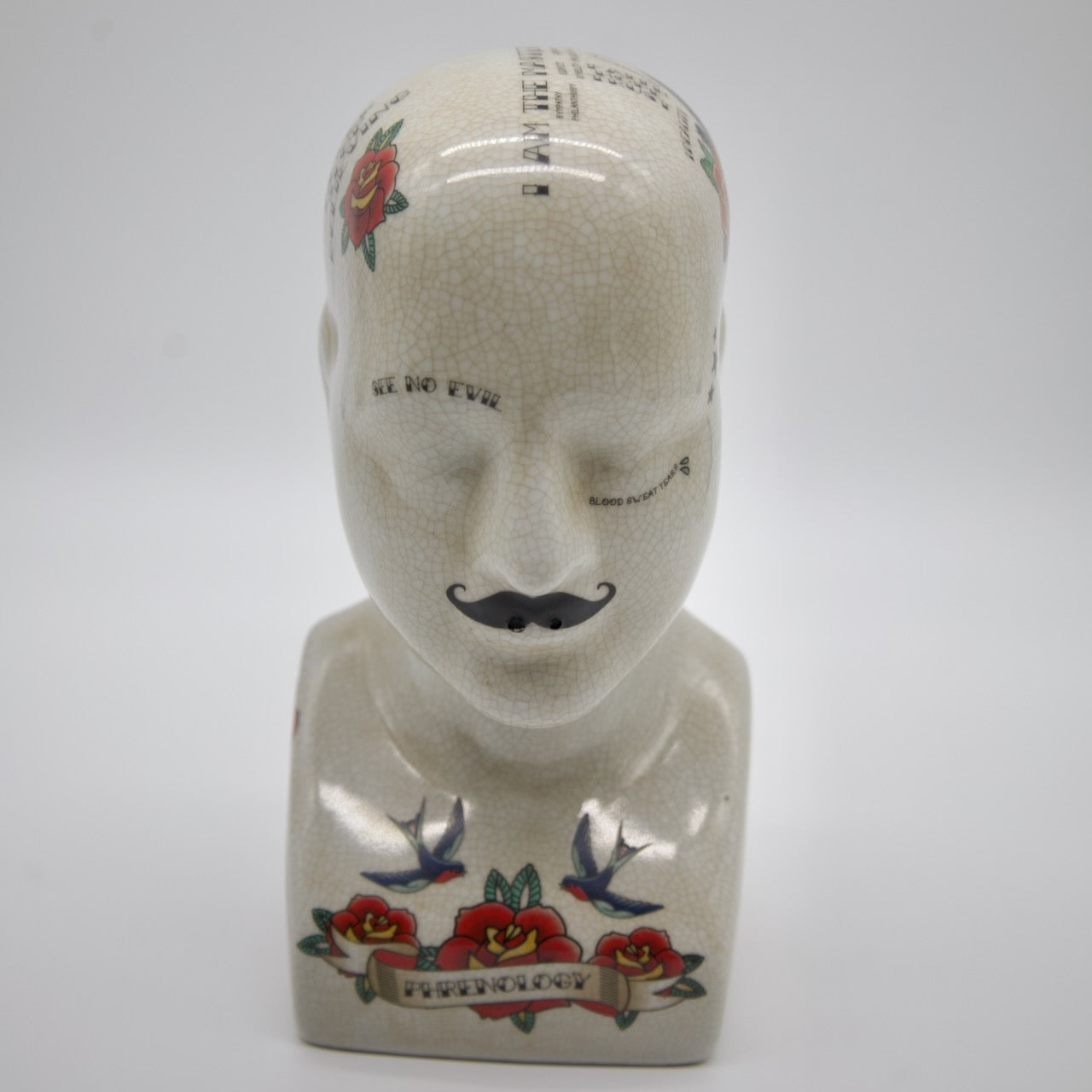 Vintage Phrenology Bust – Porcelain with Tattoo-Inspired Design