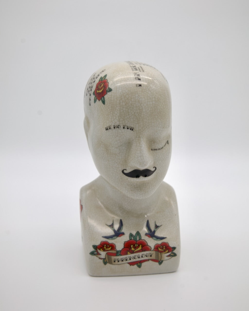 Vintage Phrenology Bust – Porcelain with Tattoo-Inspired Design