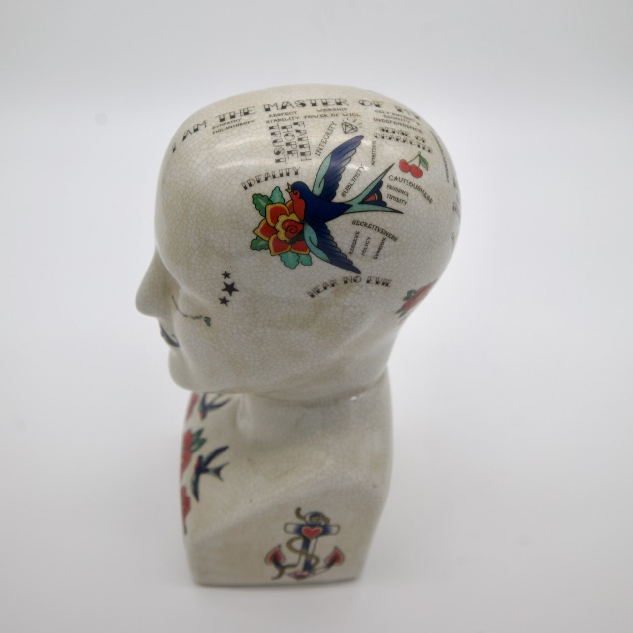 Vintage Phrenology Bust – Porcelain with Tattoo-Inspired Design