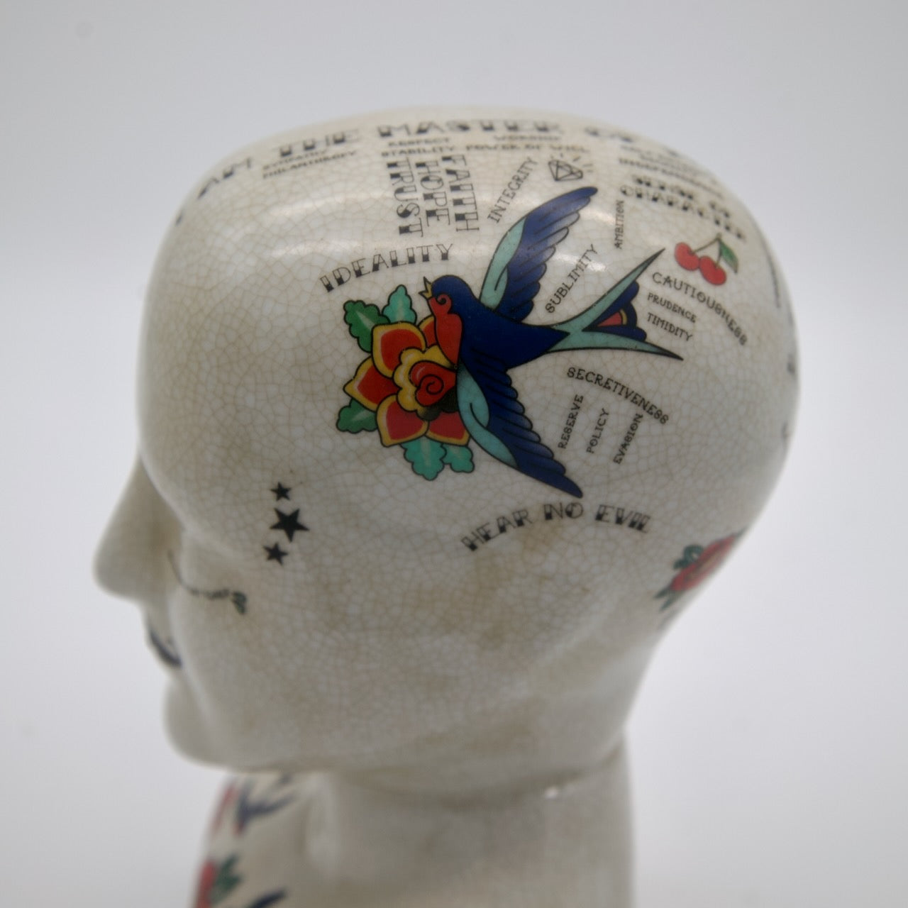 Vintage Phrenology Bust – Porcelain with Tattoo-Inspired Design