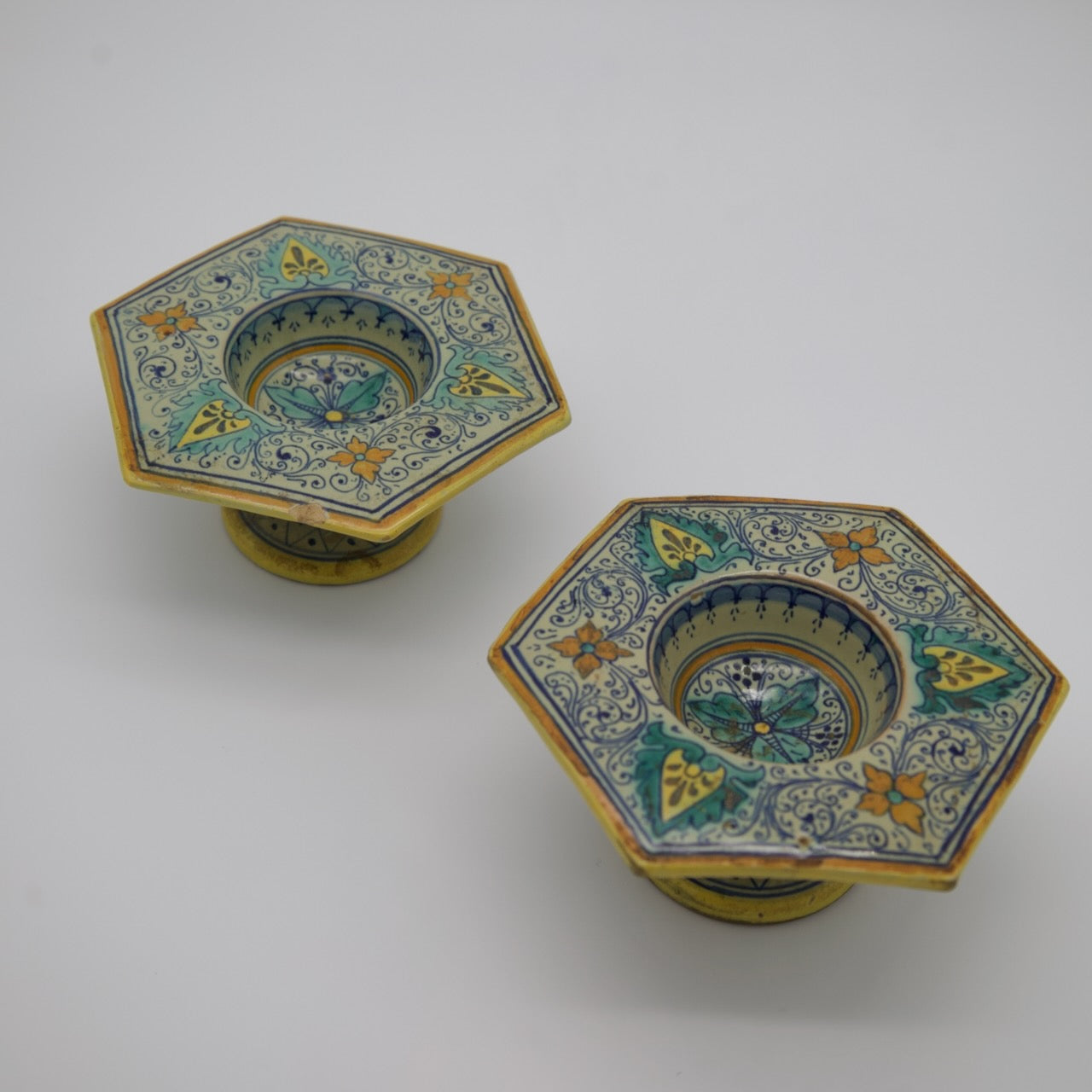 Vintage Set of 2 Italian Provincial Deruta Hand-Painted Ceramic Holders - Curated Home Decor