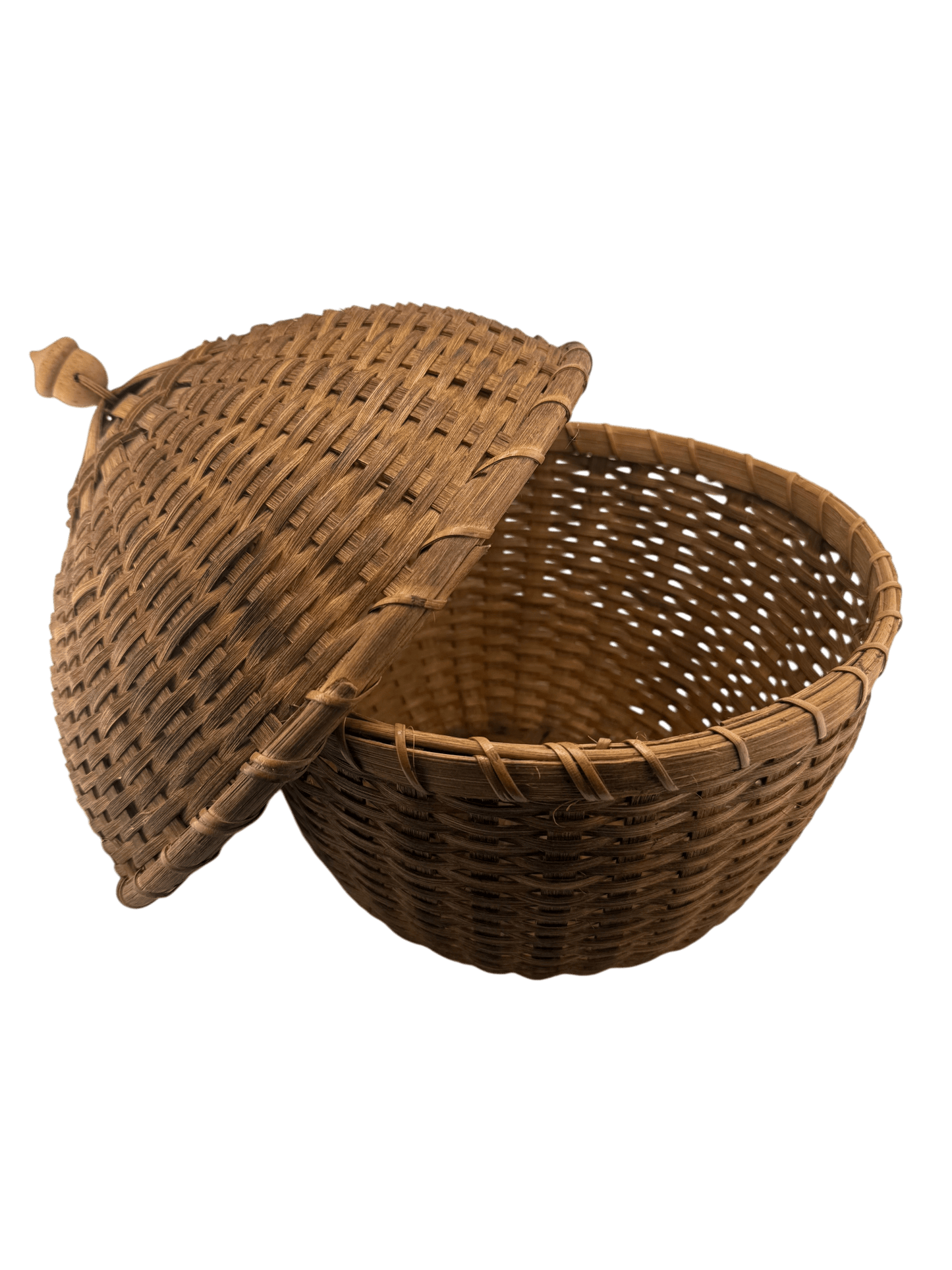 Antique Woven Splint Lidded Egg Basket with Carved Acorn Finial - Curated Home Decor
