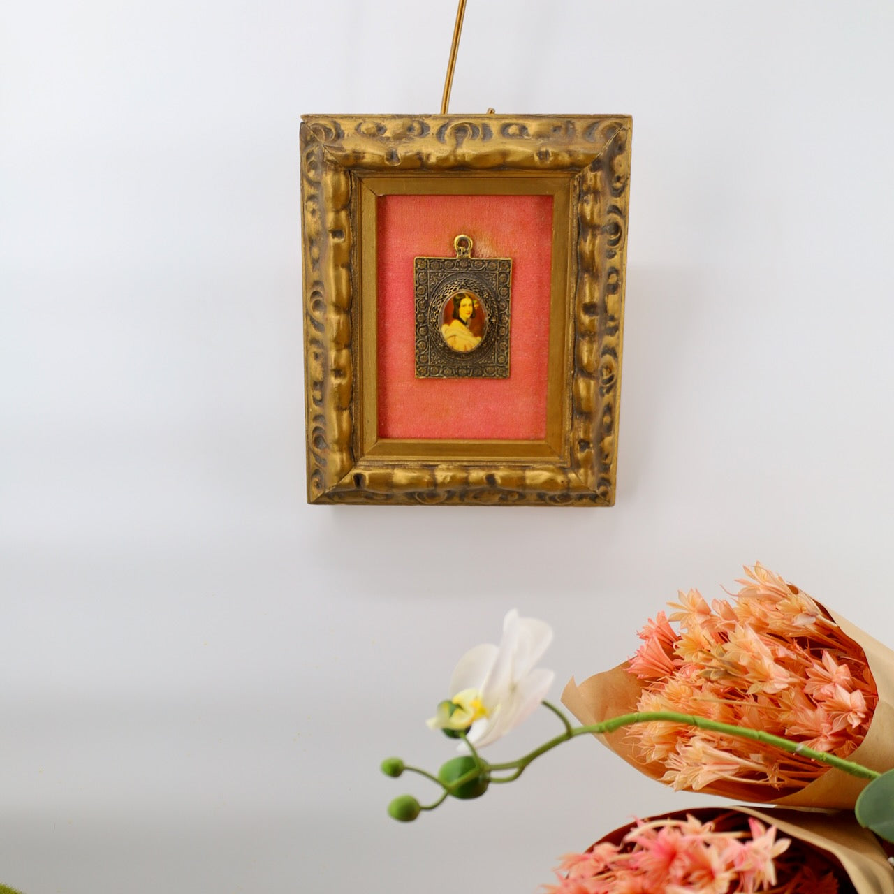 Vintage Portrait Brooch on Pink Velvet in Ornate Antique Gold Frame - Curated Home Decor