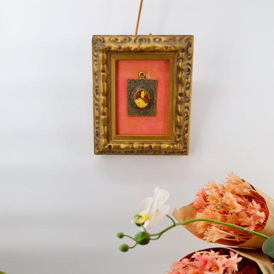 Vintage Portrait Brooch on Pink Velvet in Ornate Antique Gold Frame - Curated Home Decor