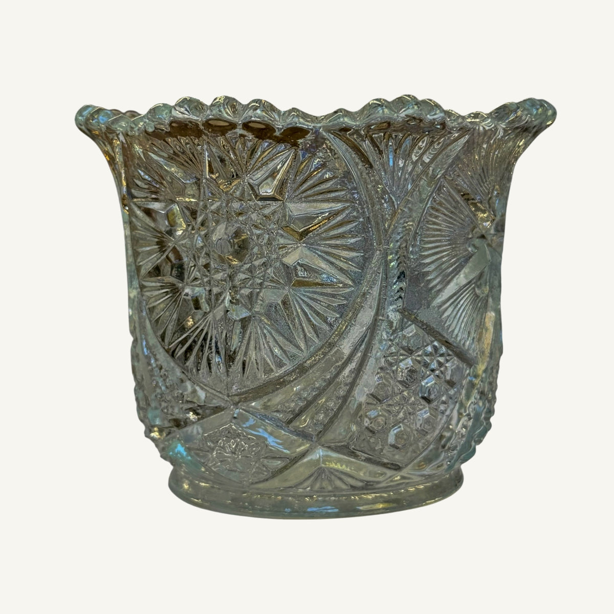 Vintage Pressed Glass Star-Pattern Spooner Vase with Scalloped Rim - Curated Home Decor