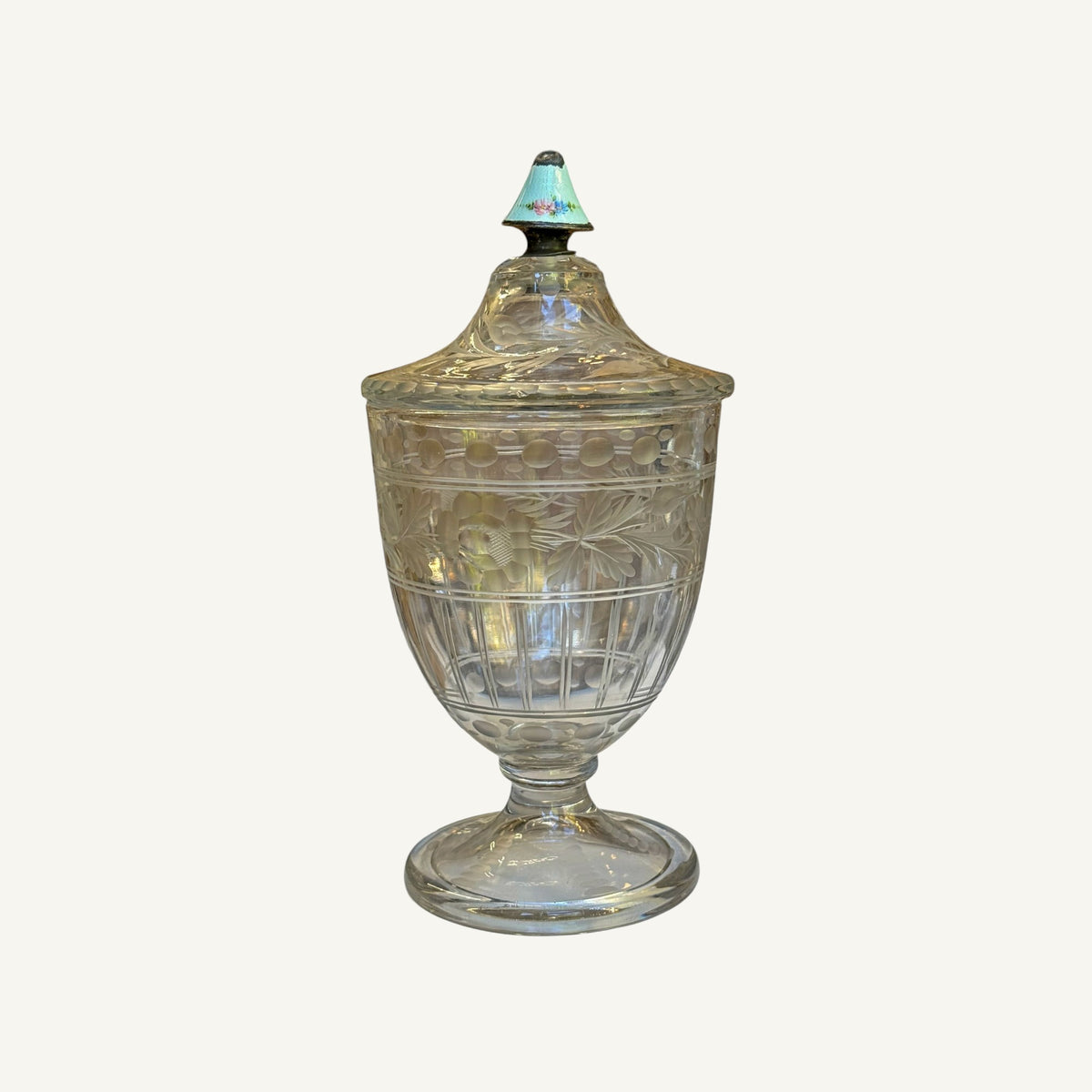 
                  
                    Vintage Etched Glass Footed Covered Jar with Enamel Finial - Curated Home Decor
                  
                