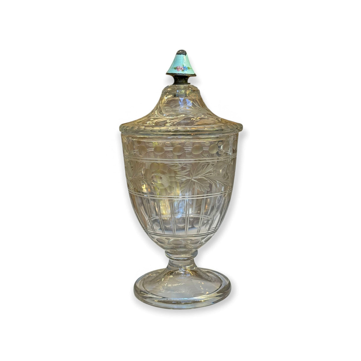 
                  
                    Vintage Etched Glass Footed Covered Jar with Enamel Finial - Curated Home Decor
                  
                