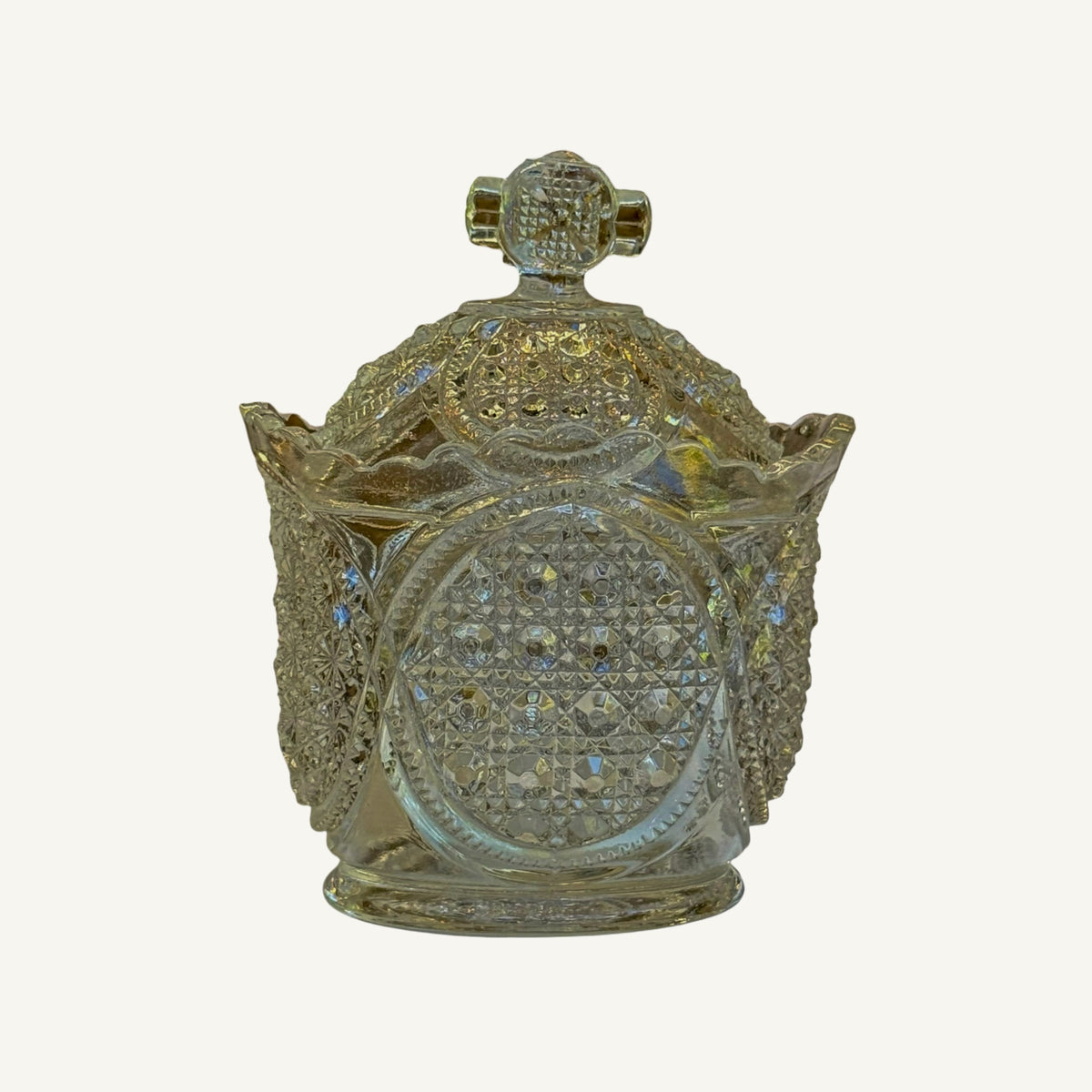 Vintage Pressed Glass Candy Dish with Diamond Medallions & Clover Knob Lid - Curated Home Decor