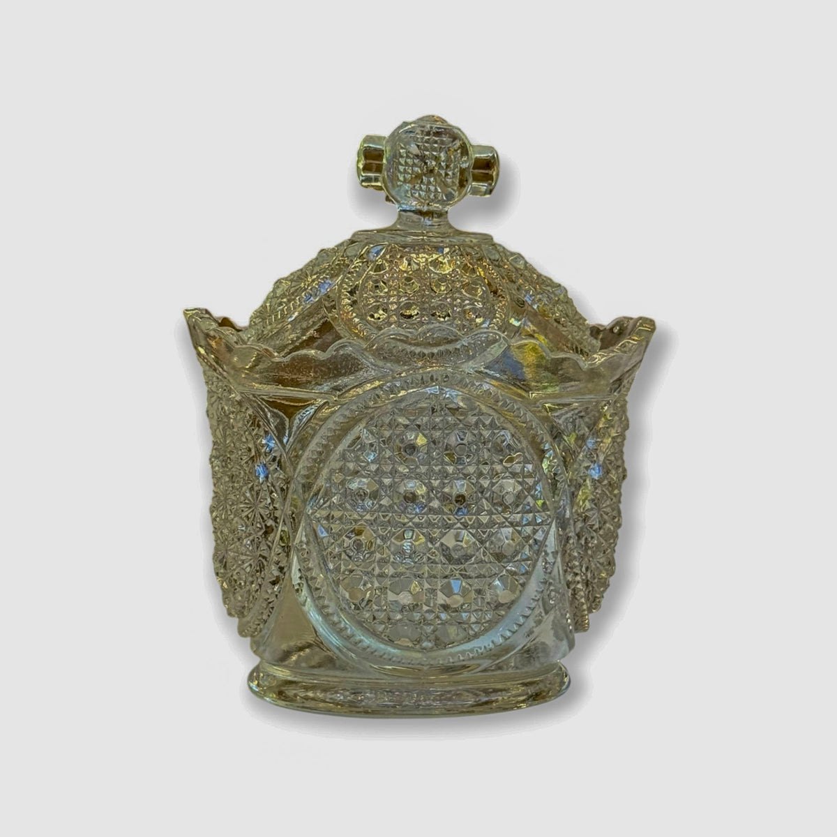 
                  
                    Vintage Pressed Glass Candy Dish with Diamond Medallions & Clover Knob Lid - Curated Home Decor
                  
                