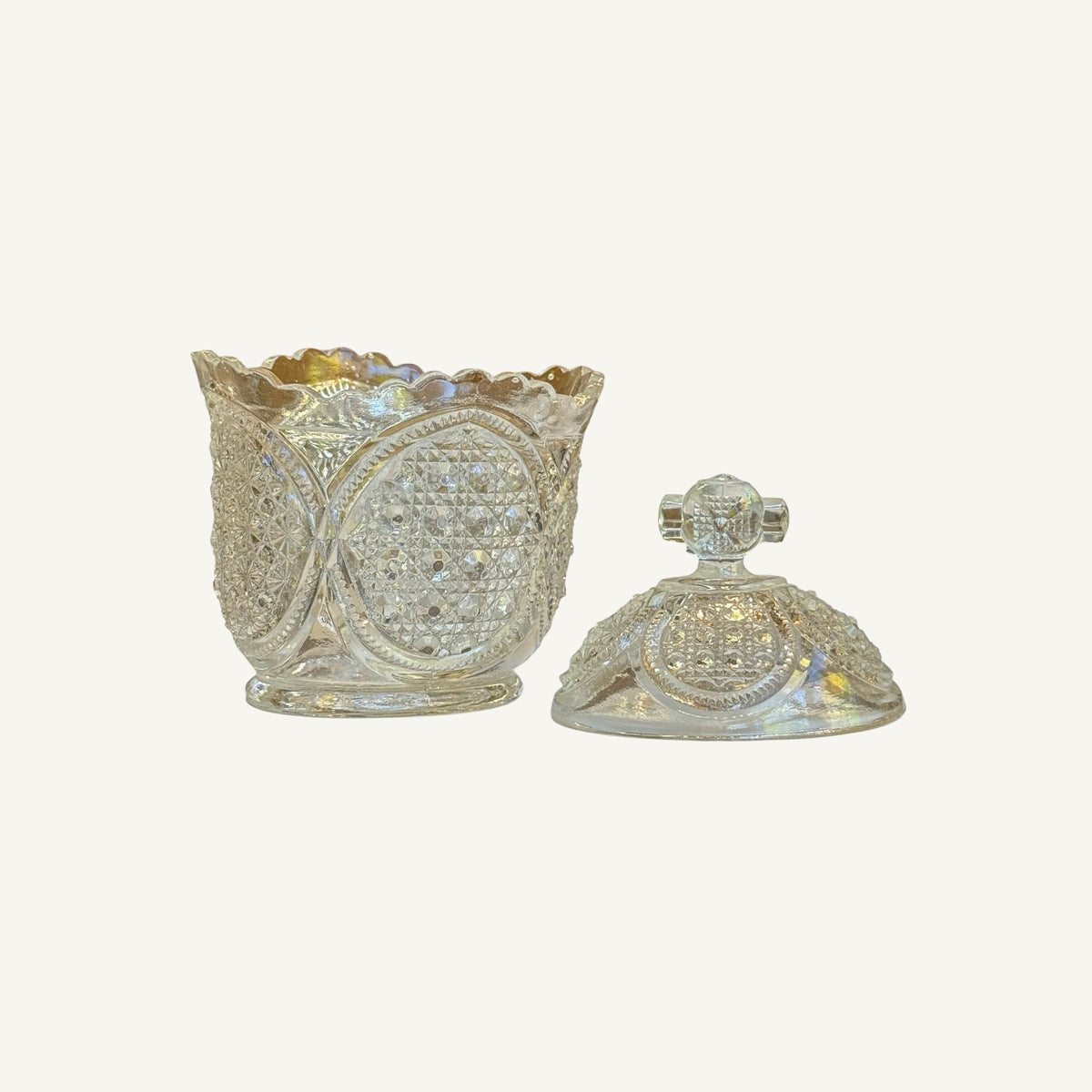 
                  
                    Vintage Pressed Glass Candy Dish with Diamond Medallions & Clover Knob Lid - Curated Home Decor
                  
                
