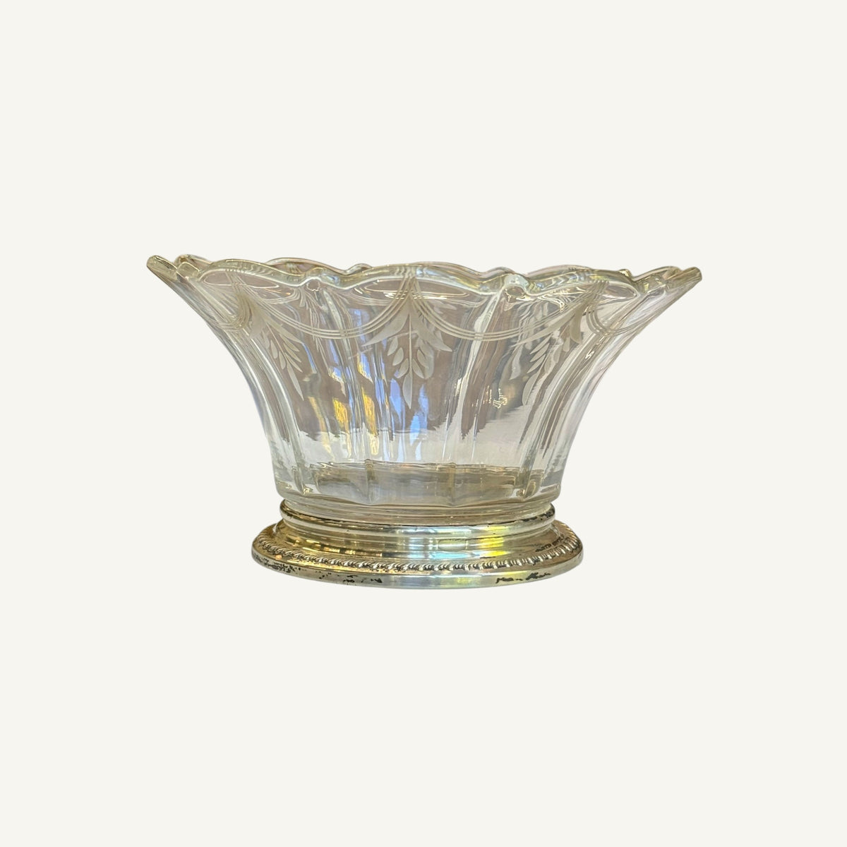 
                  
                    Vintage Etched Glass Bowl with Scalloped Rim on Sterling Silver Base - Curated Home Decor
                  
                