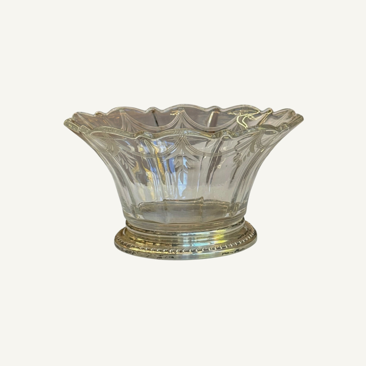 Vintage Etched Glass Bowl with Scalloped Rim on Sterling Silver Base - Curated Home Decor