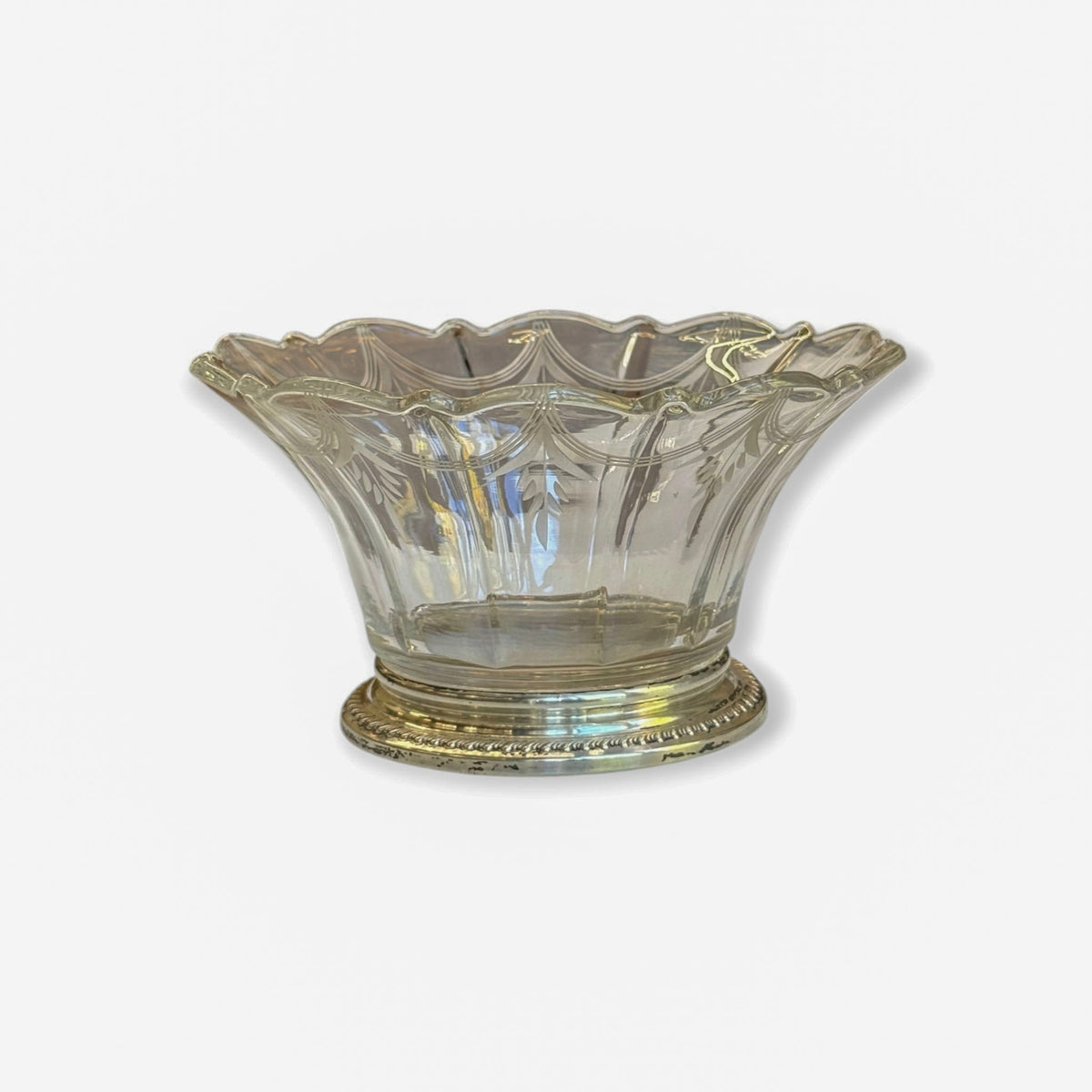 
                  
                    Vintage Etched Glass Bowl with Scalloped Rim on Sterling Silver Base - Curated Home Decor
                  
                