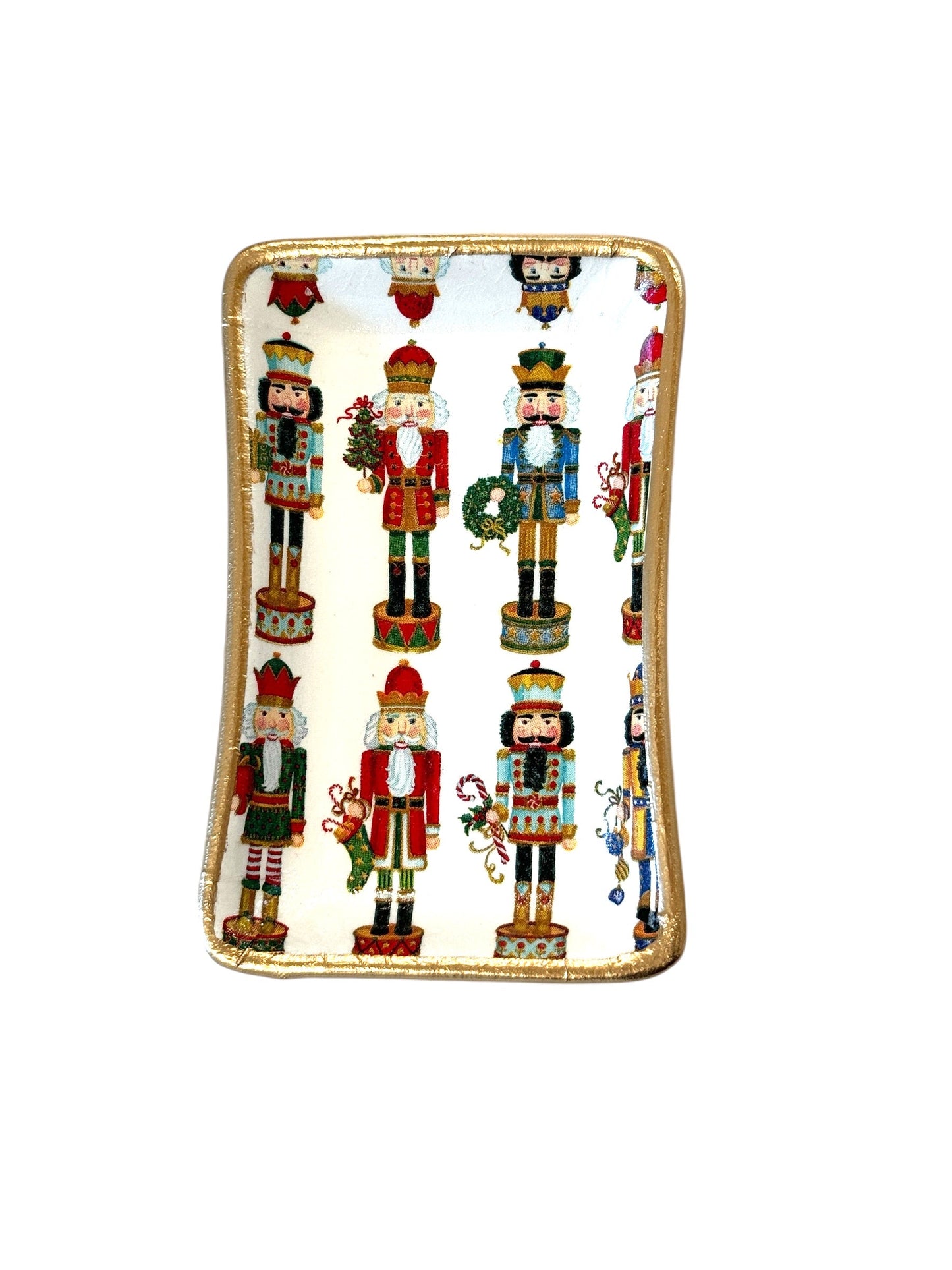 Christmas ceramic jewelry tray with festive nutcracker design and gold trim, small 3x5.5 inches