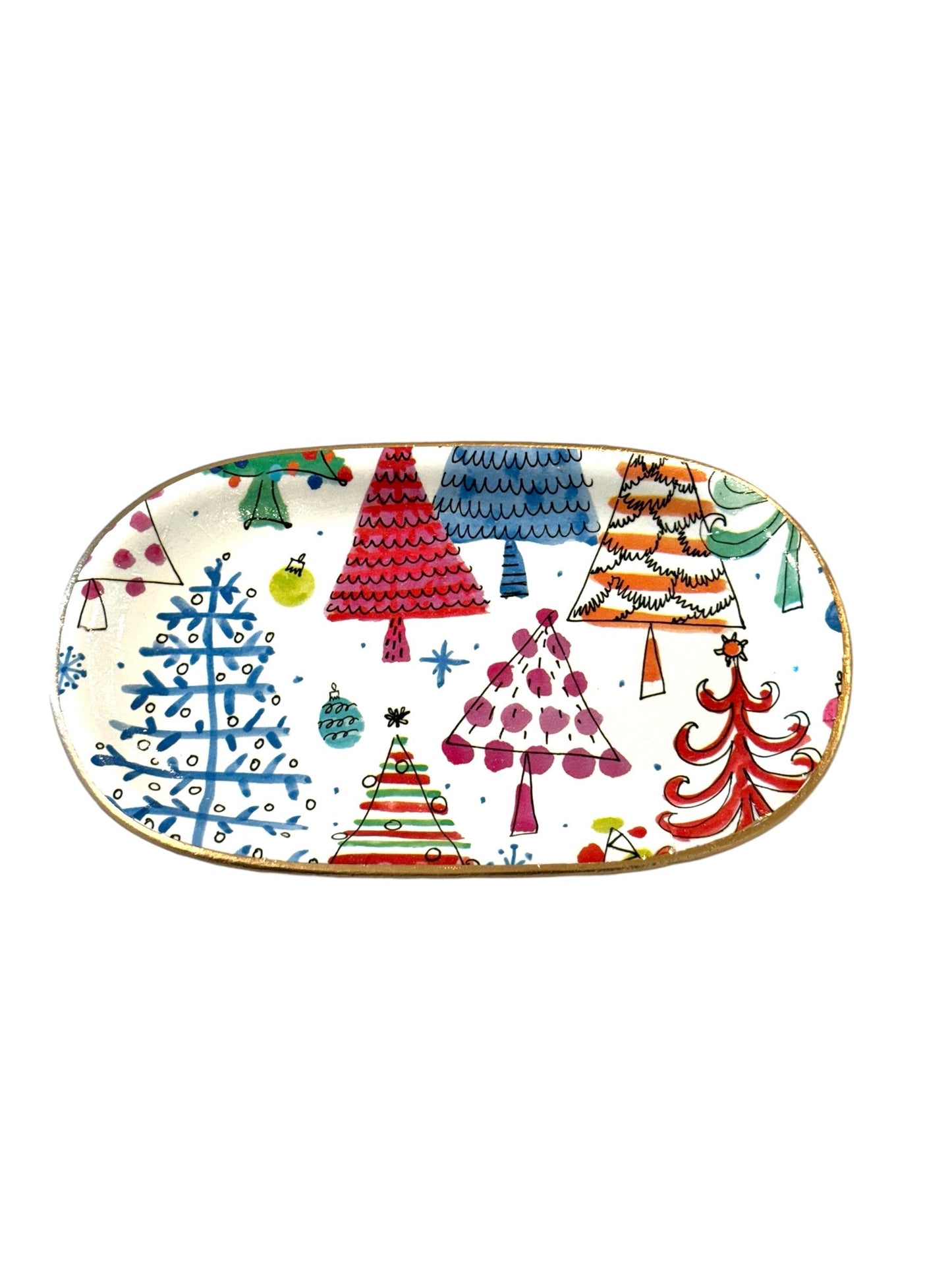 Christmas ceramic jewelry tray with colorful Christmas tree design, large 8x4.5 inches