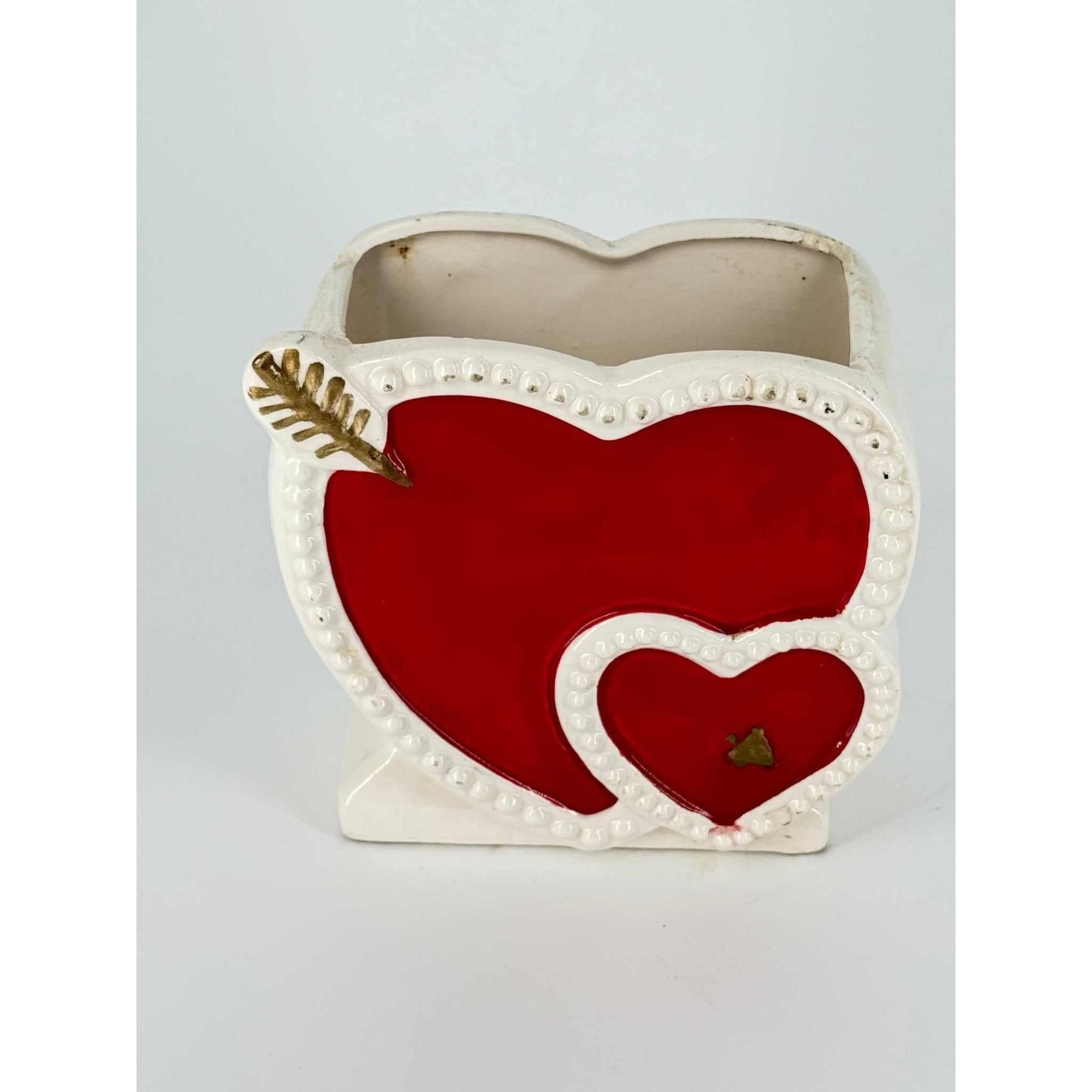 Vintage heart vase by Lark brand with red heart design and gold arrow decoration