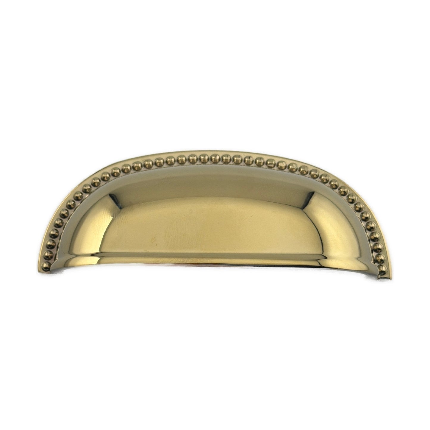 Classic brass spindle pull cup handle with beaded rope edge and polished gold finish